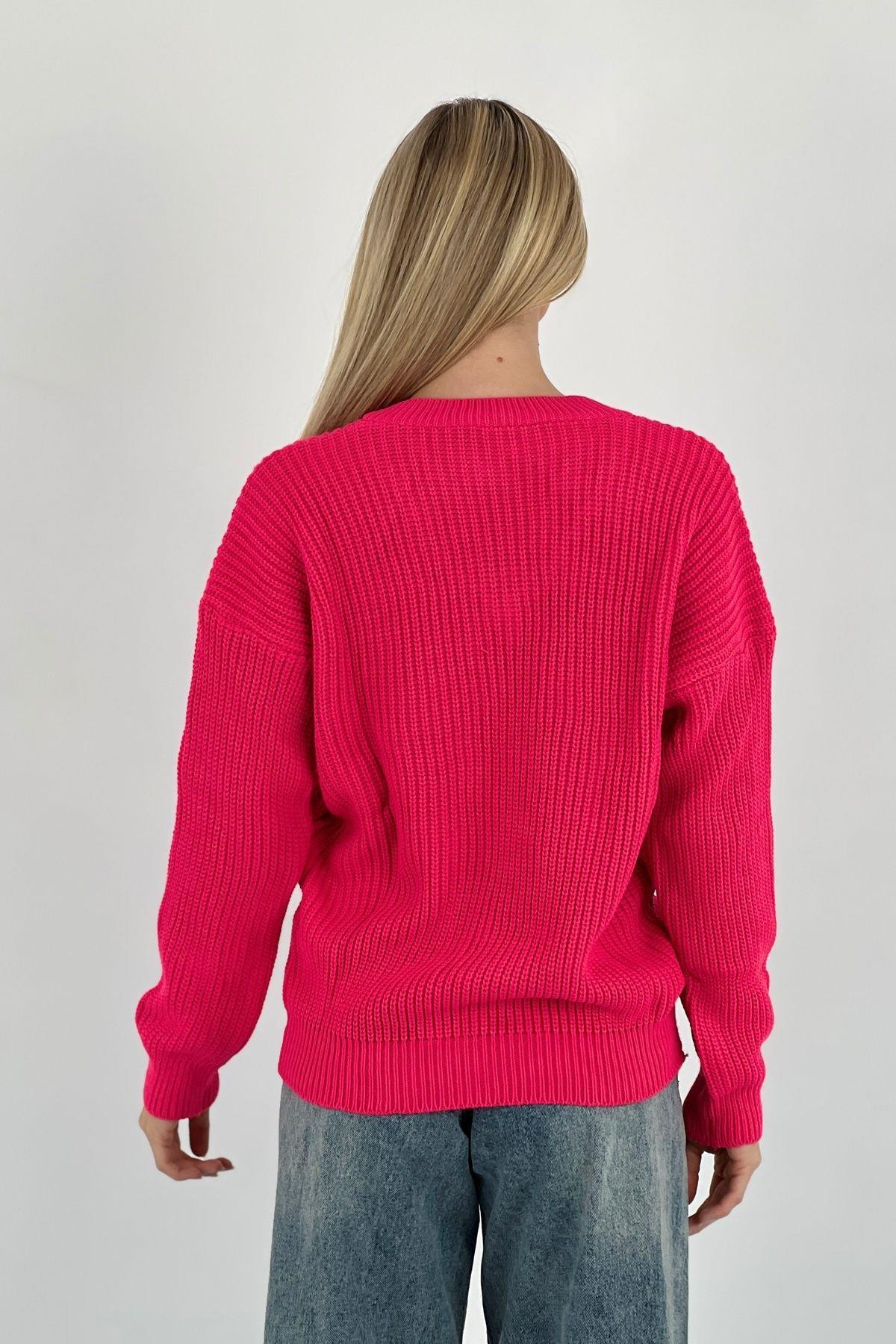 Selanik Örgü V Yaka Kalın Basic Kadın Triko Kazak-33007-0