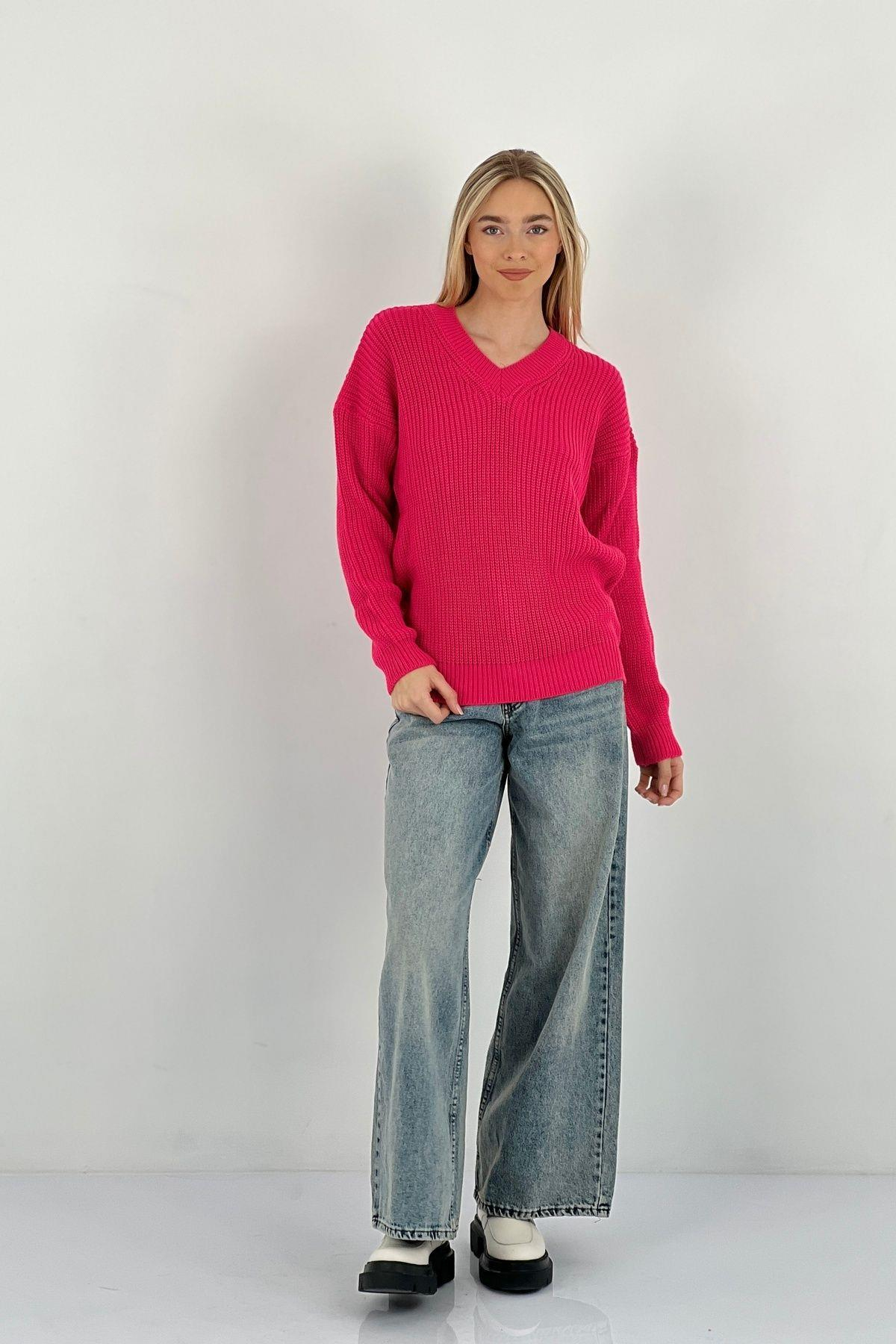 Selanik Örgü V Yaka Kalın Basic Kadın Triko Kazak-33007-0