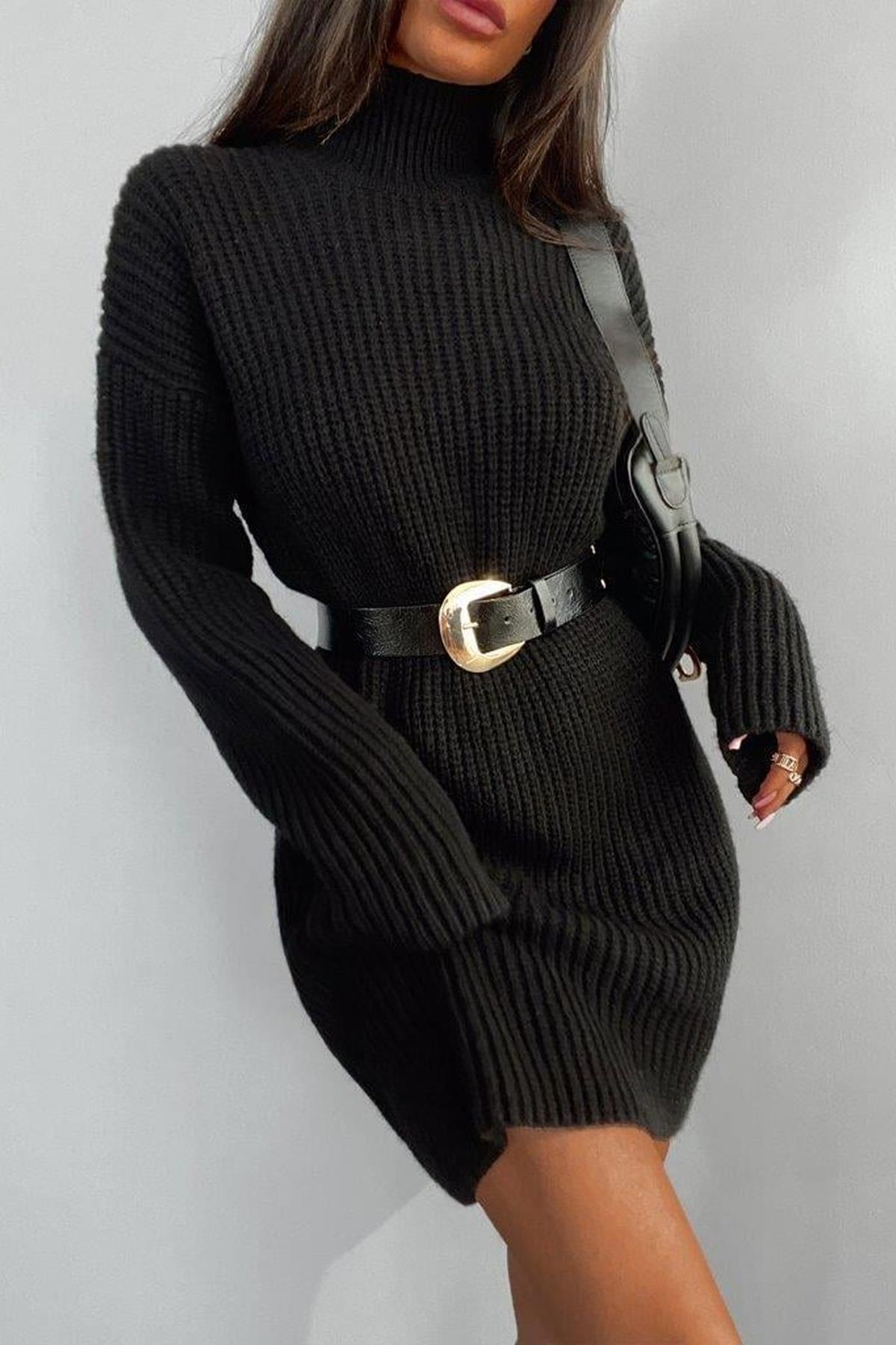 Siyah Balıkçı Yaka Selanik Örgü Kadın Triko Elbise -32934-0