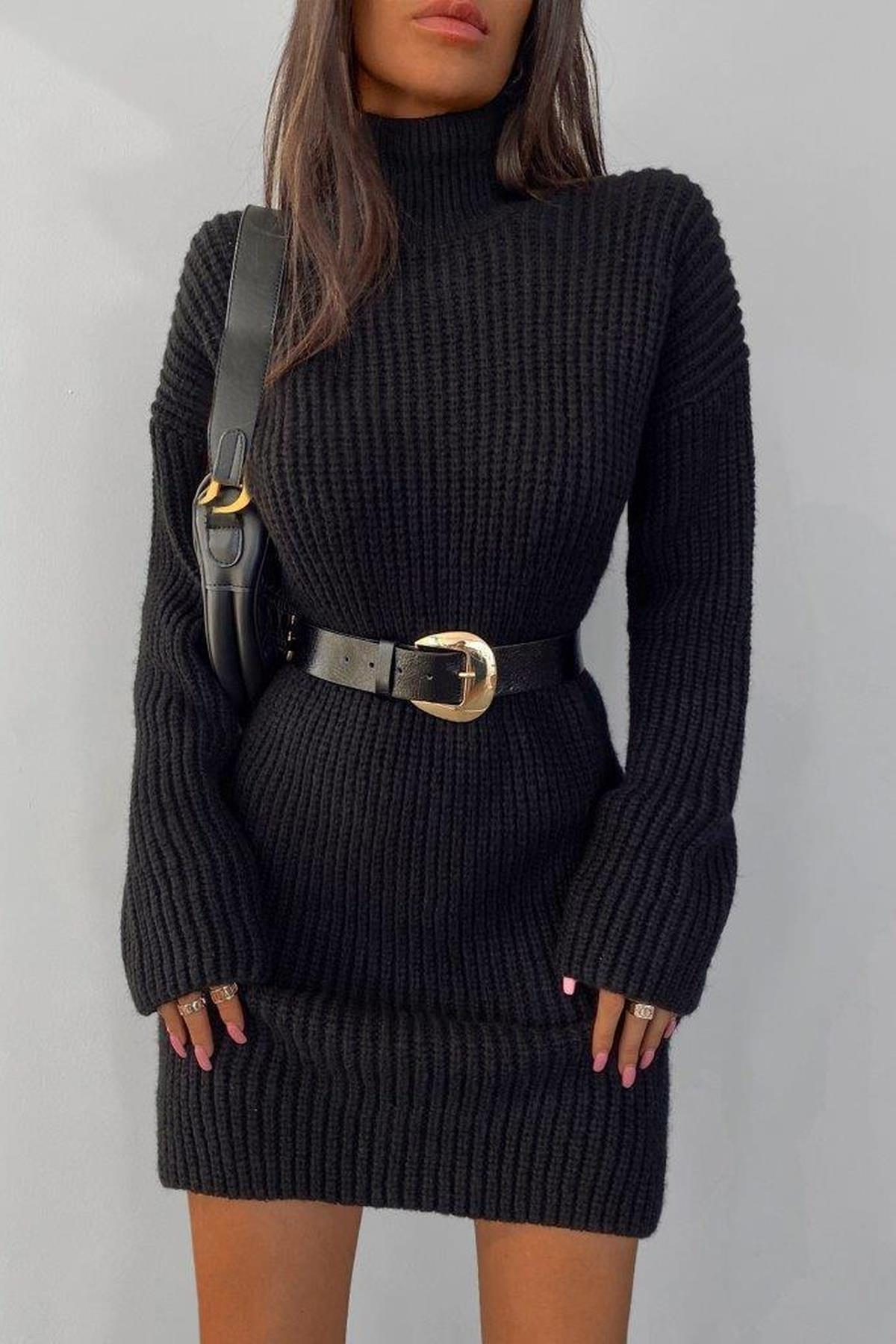 Siyah Balıkçı Yaka Selanik Örgü Kadın Triko Elbise -32934-0