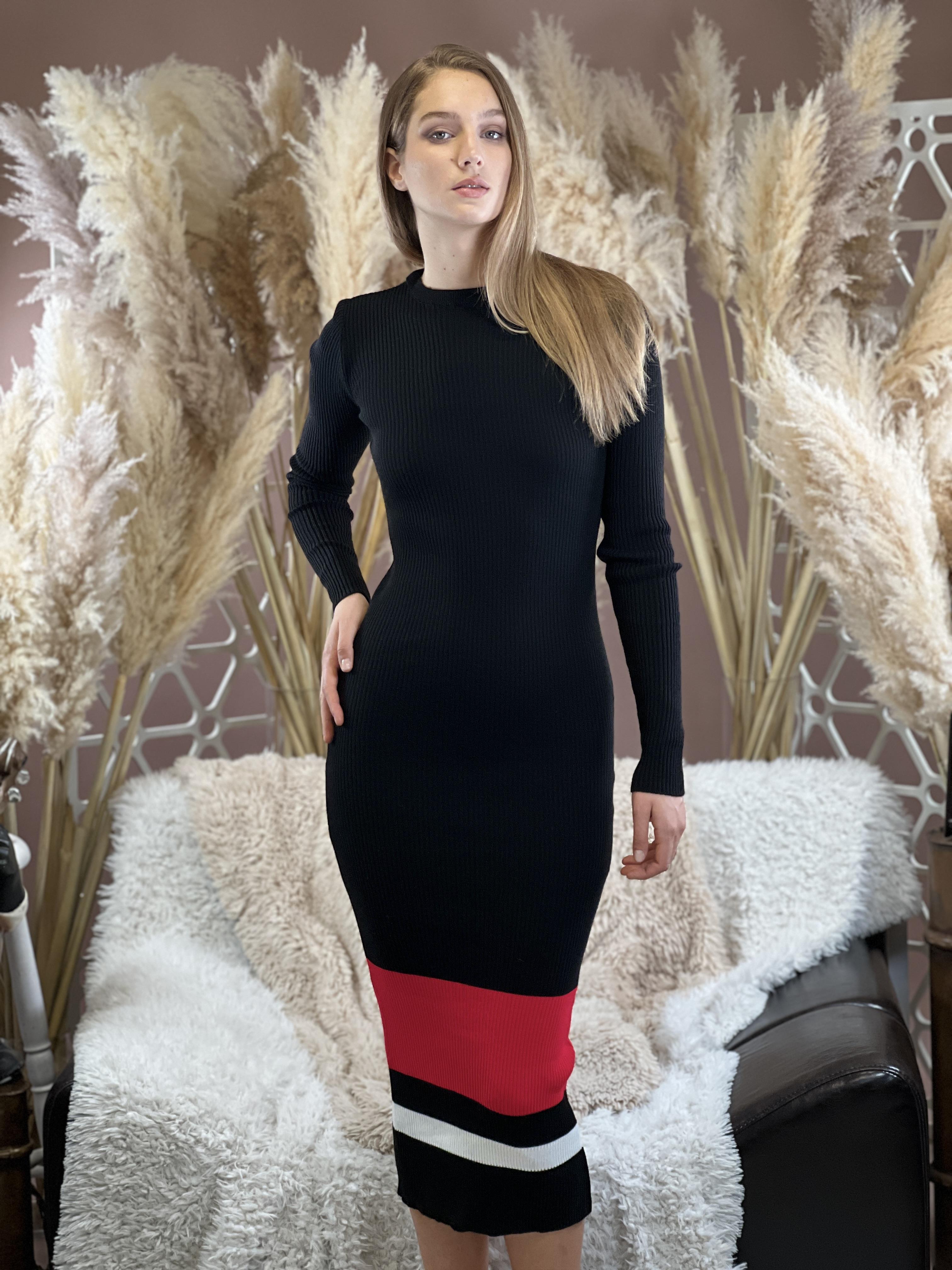 Siyah Bisiklet Yaka Uzun Basic Triko Elbise-33289