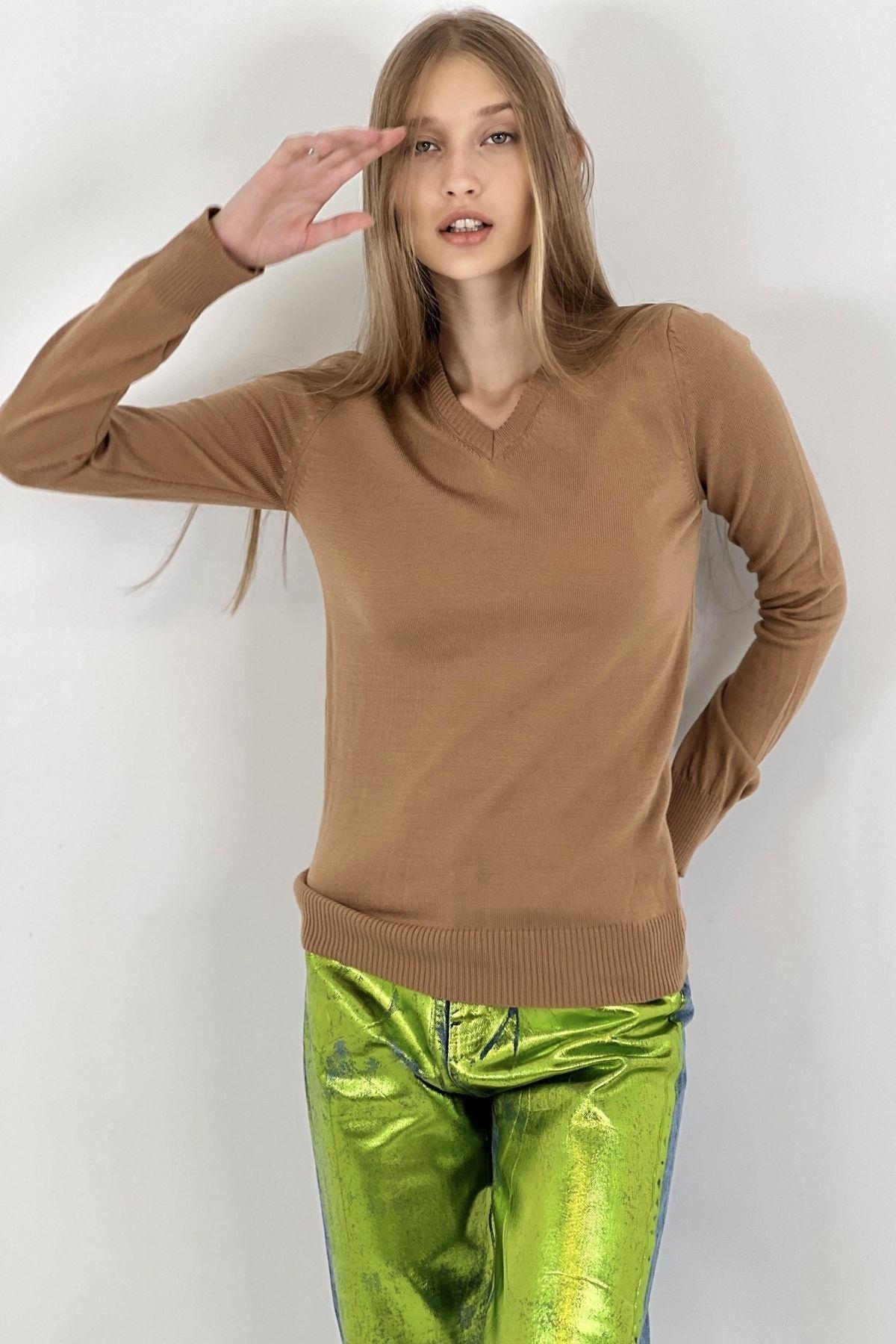 V Yaka Basic Kadın Triko Kazak-32806