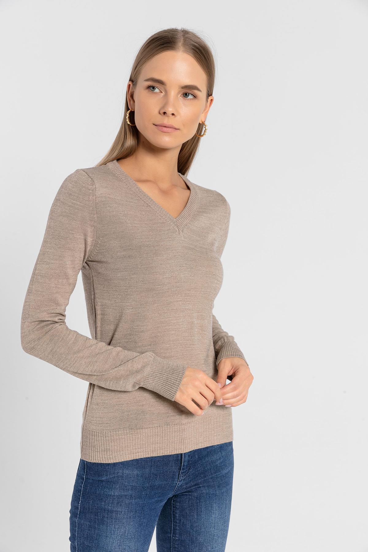 V Yaka Basic Kadın Triko Kazak-32806-4