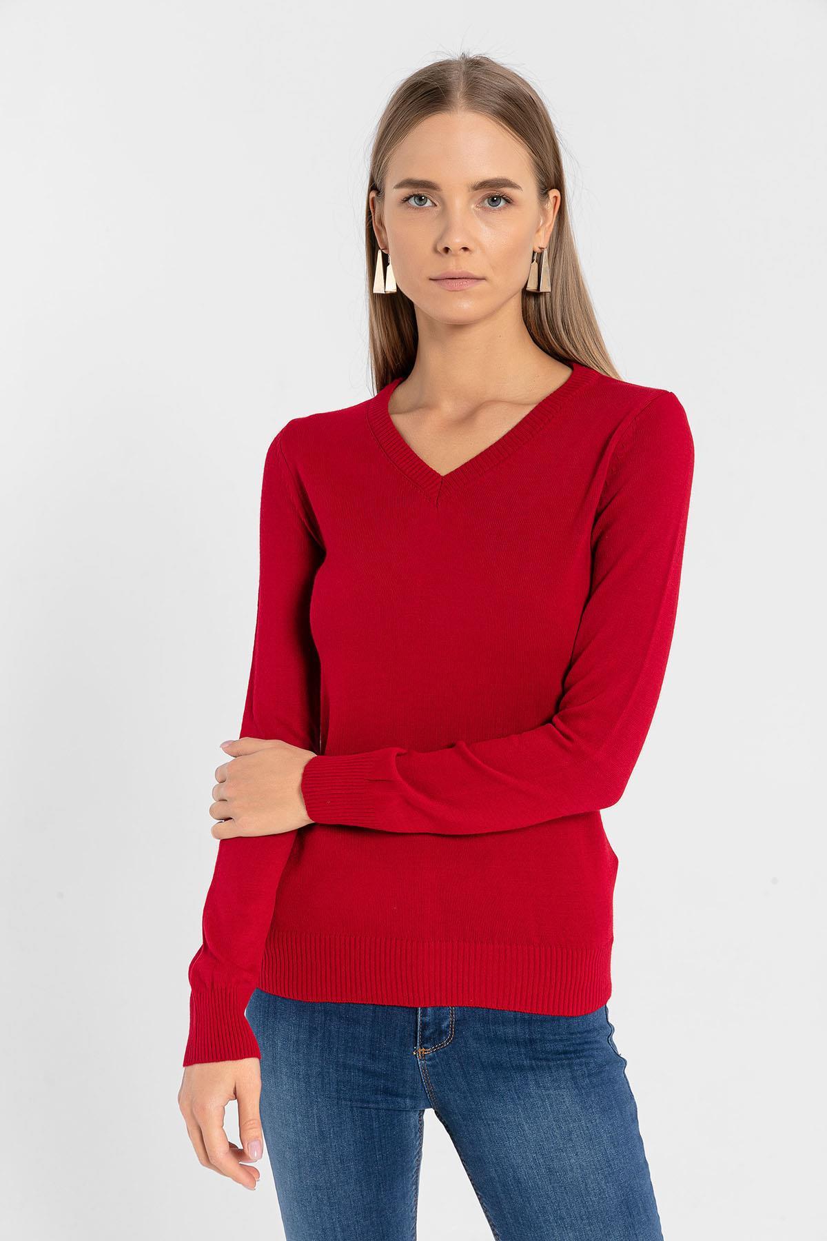 V Yaka Basic Kadın Triko Kazak-32806-4