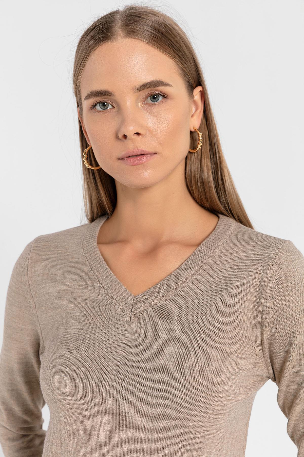 V Yaka Basic Kadın Triko Kazak-32806-4