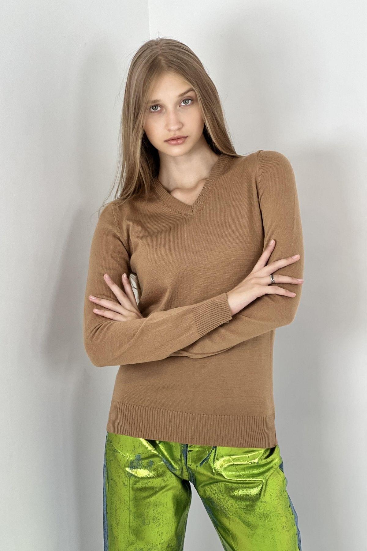 V Yaka Basic Kadın Triko Kazak-32806