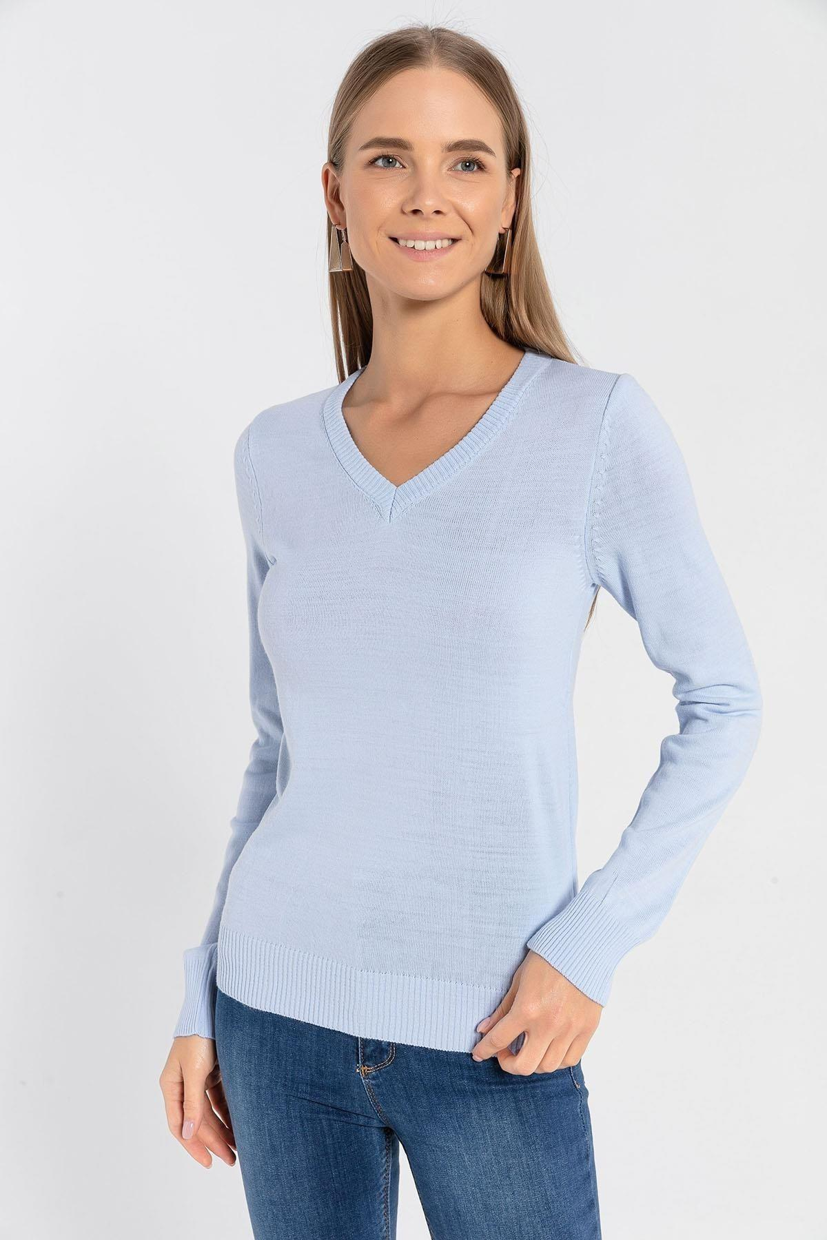 V Yaka Basic Kadın Triko Kazak-32806