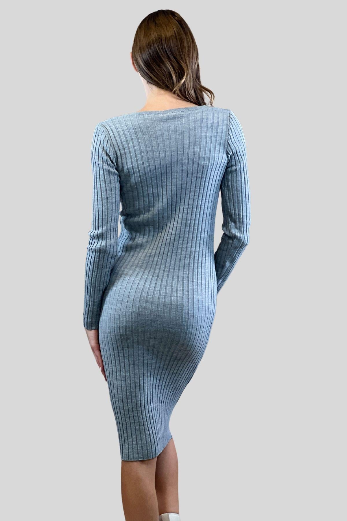 V Yaka Fitilli Kadın Basic Triko Elbise-32995-0