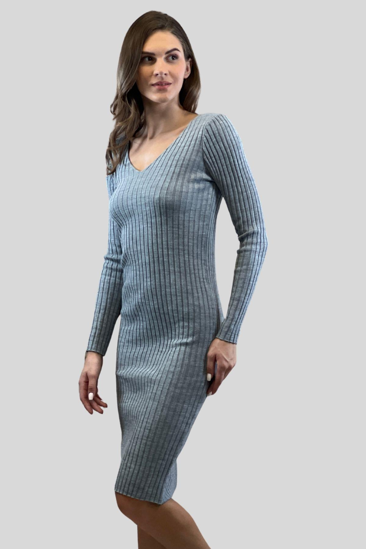 V Yaka Fitilli Kadın Basic Triko Elbise-32995-0