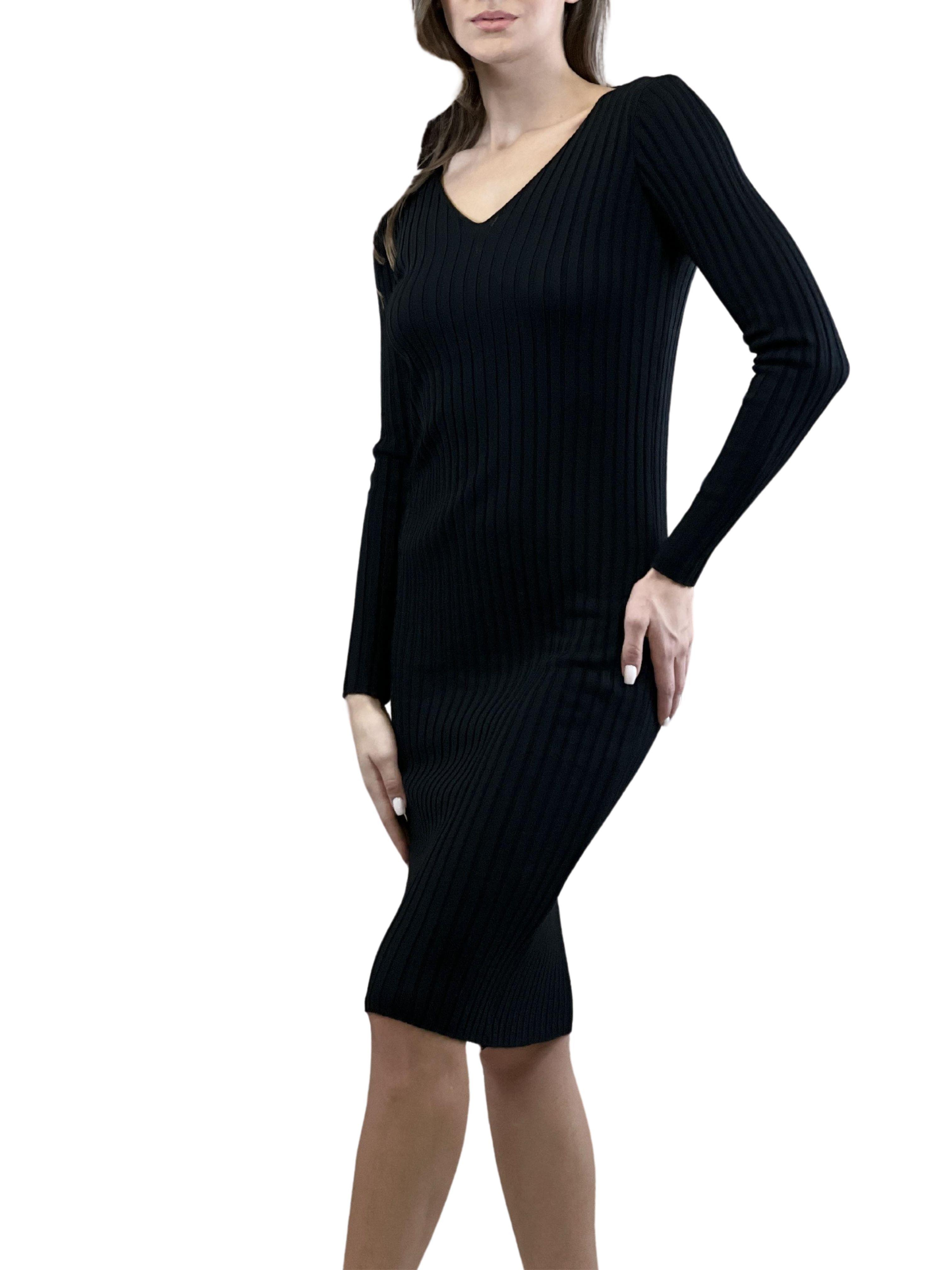 V Yaka Fitilli Kadın Basic Triko Elbise-32995-0