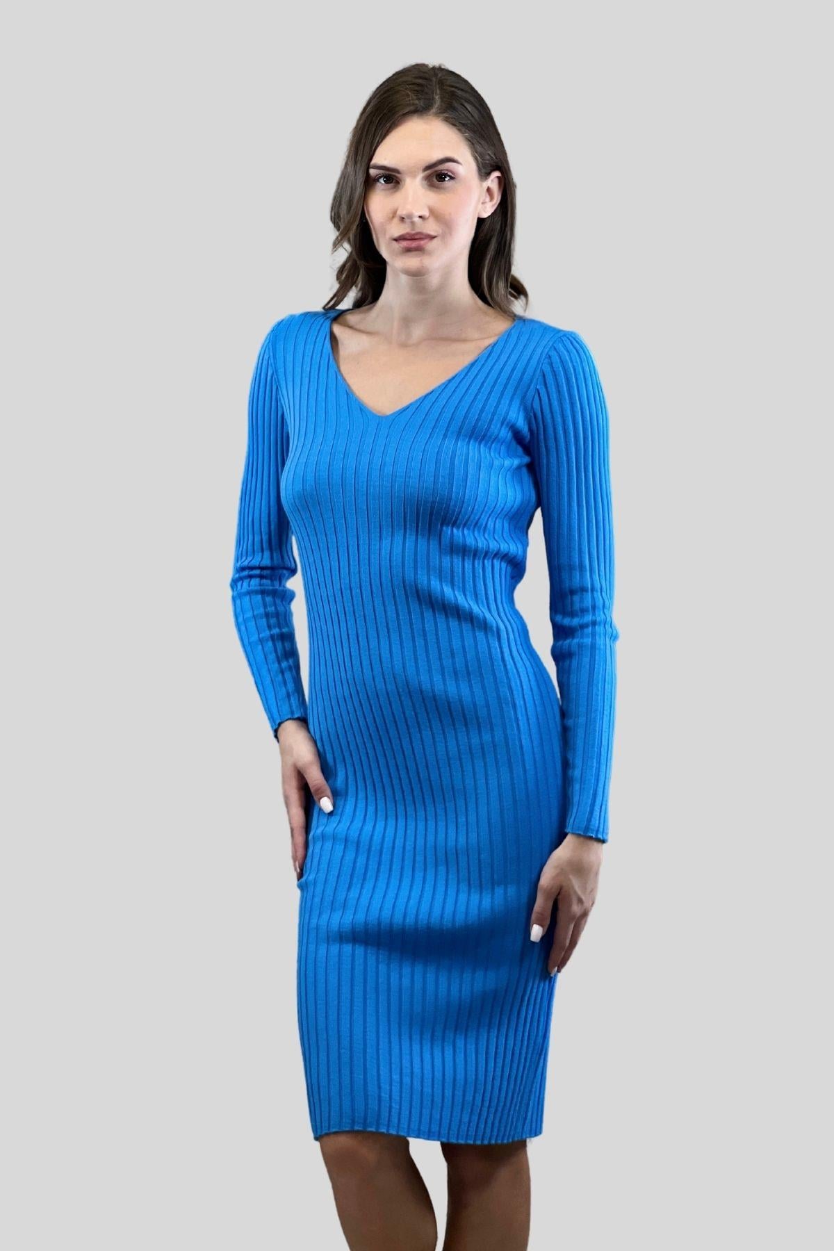 V Yaka Fitilli Kadın Basic Triko Elbise-32995-0