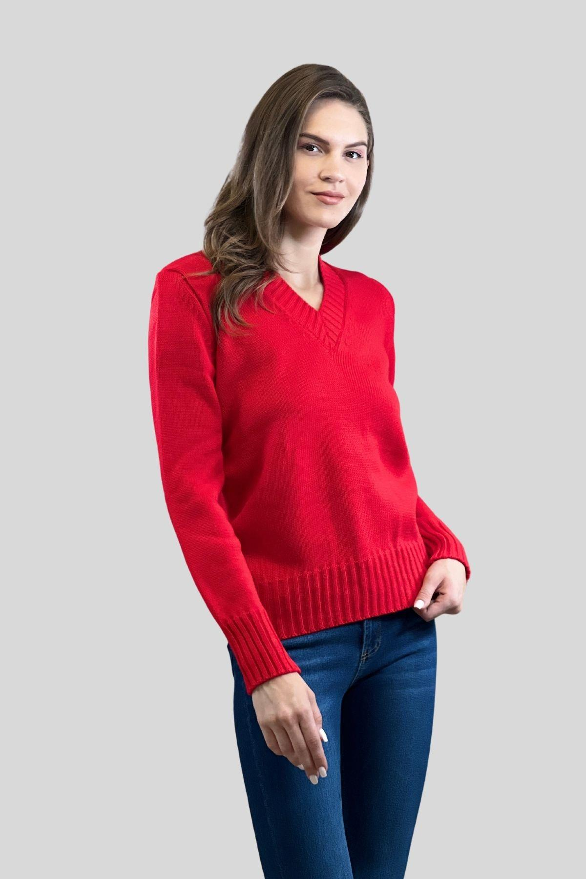 V Yaka Kalın Basic Kadın Triko Kazak-33221-0