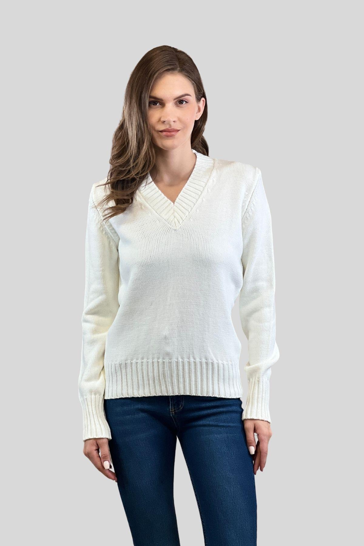 V Yaka Kalın Basic Kadın Triko Kazak-33221-0