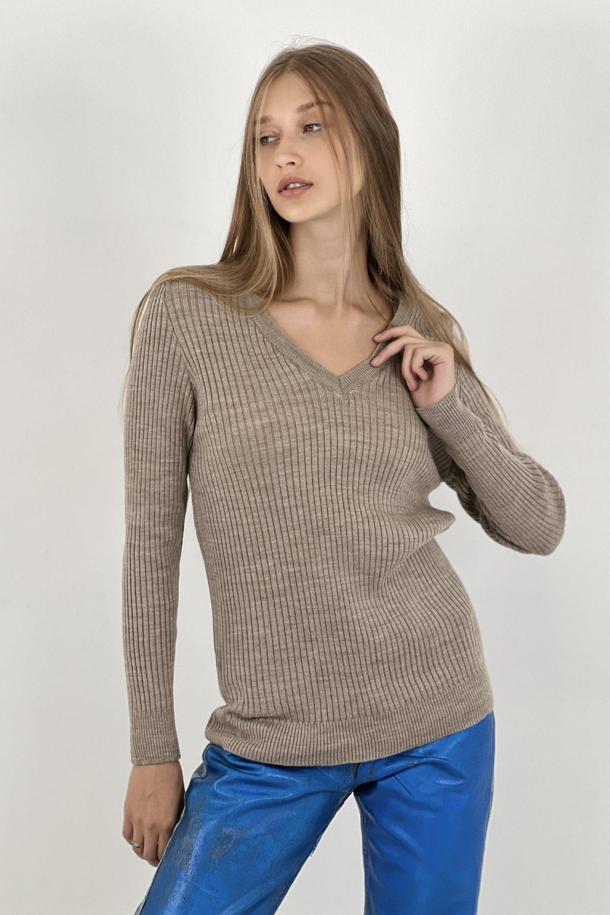V Yaka Slim Fit Fitilli Kadın Triko Kazak Vizon-24K01328090SM