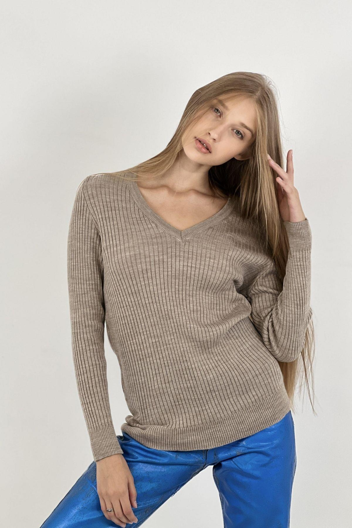 V Yaka Slim Fit Fitilli Kadın Triko Kazak Vizon-24K01328090SM