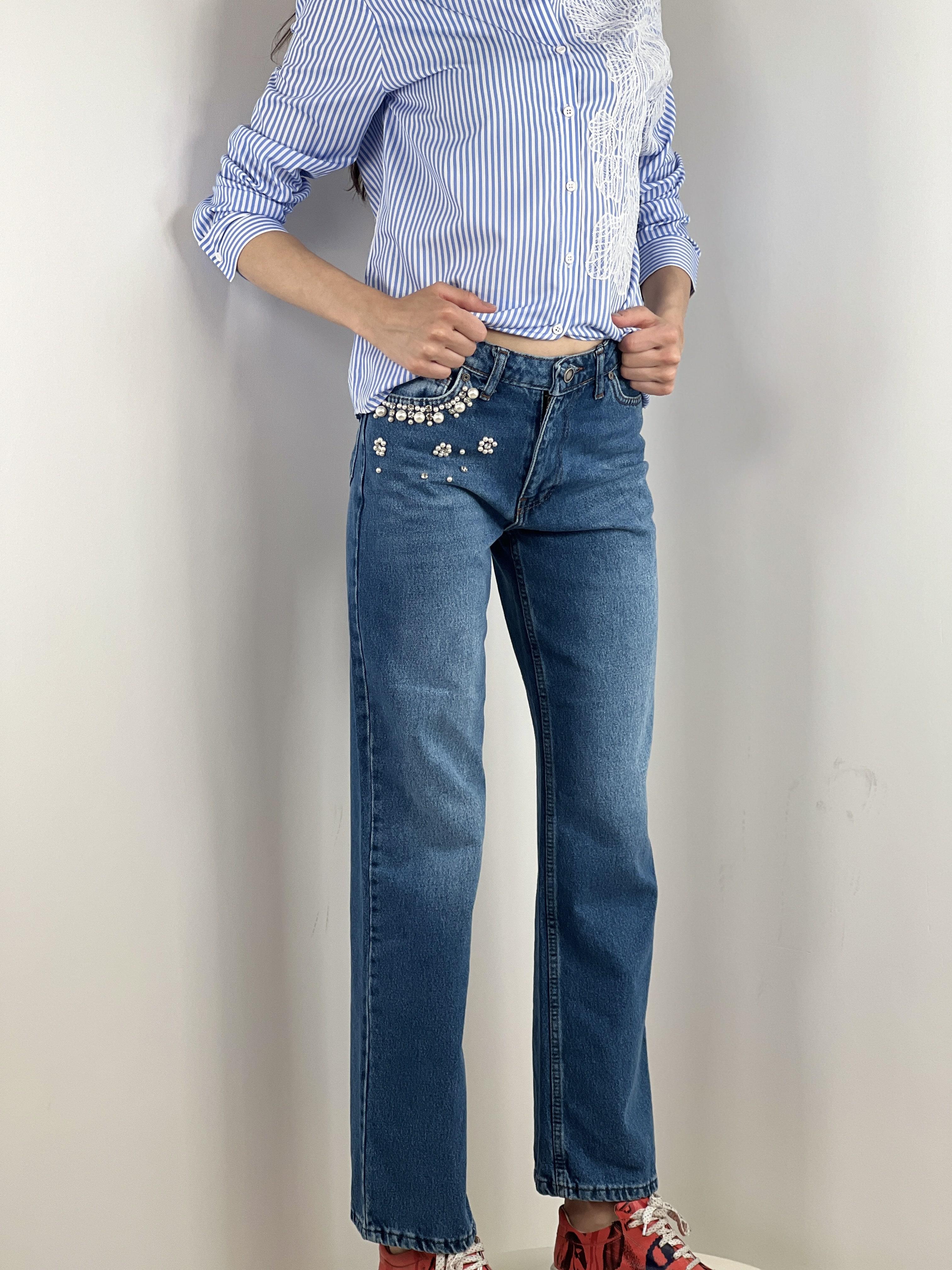 Wide Leg Jeans Mavi Taş Ve İnci Çakım Detaylı Denim Pantolon % 100 Cotton 72792Ö-2-72792Ö-234