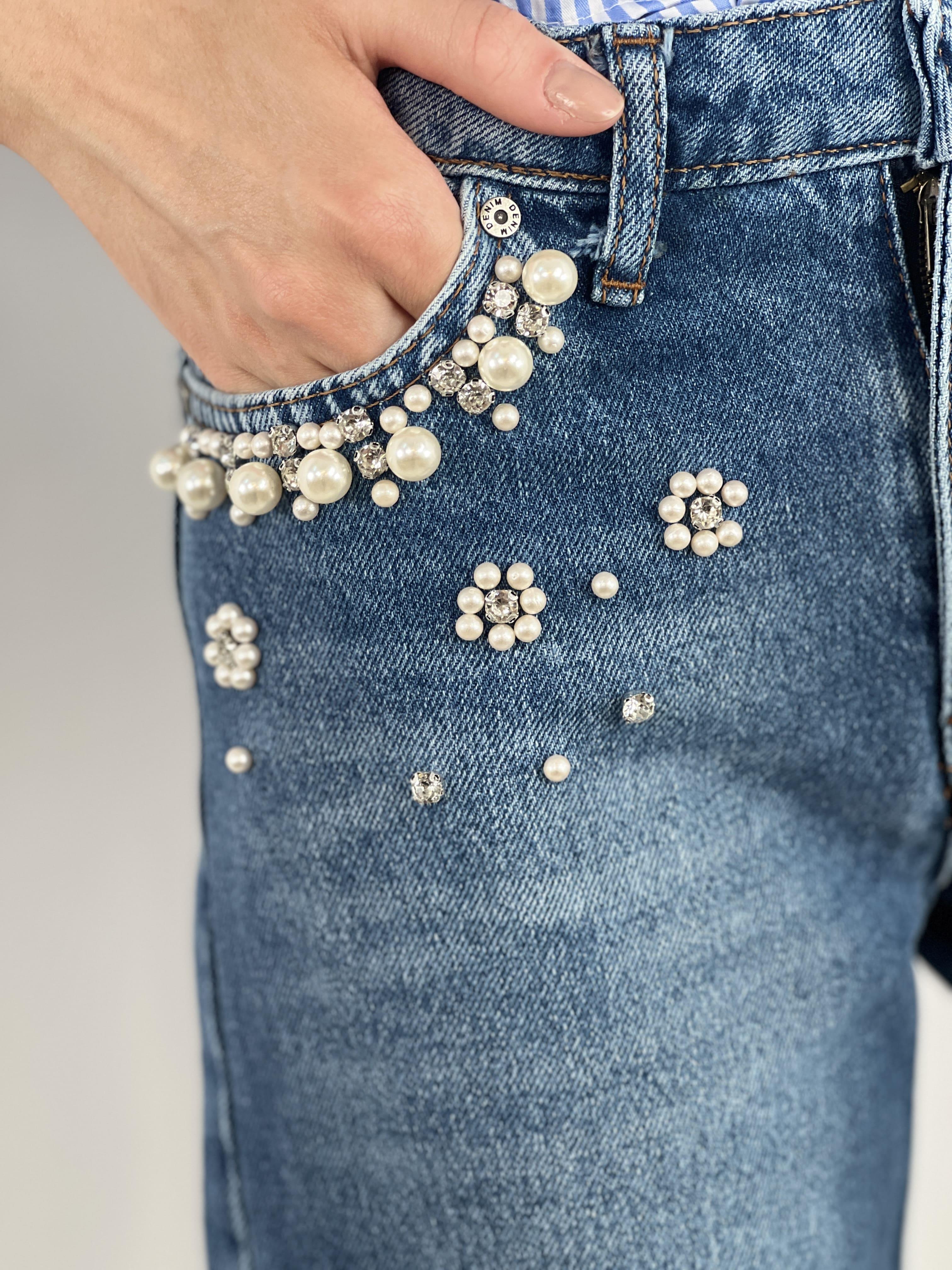 Wide Leg Jeans Mavi Taş Ve İnci Çakım Detaylı Denim Pantolon % 100 Cotton 72792Ö-2-72792Ö-234