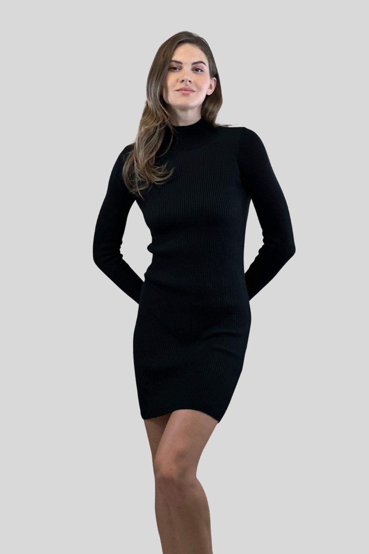 Yarım Balıkçı Yaka Fitilli Basic Kadın Triko Elbise-32899-0