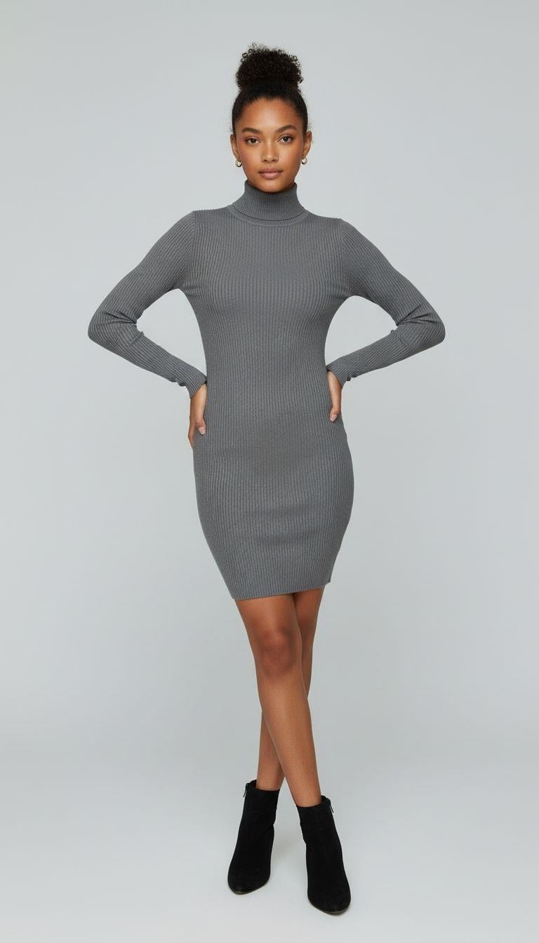 Yarım Balıkçı Yaka Fitilli Basic Kadın Antrasit Triko Elbise-32899