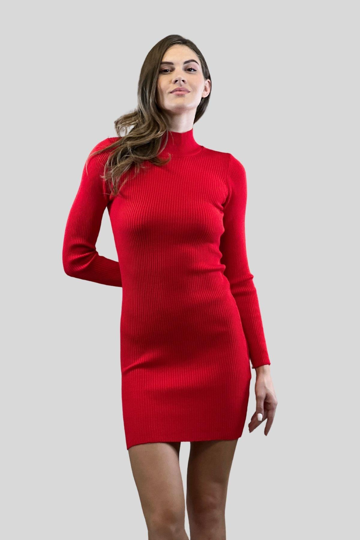 Yarım Balıkçı Yaka Fitilli Basic Kadın Triko Elbise-32899-0