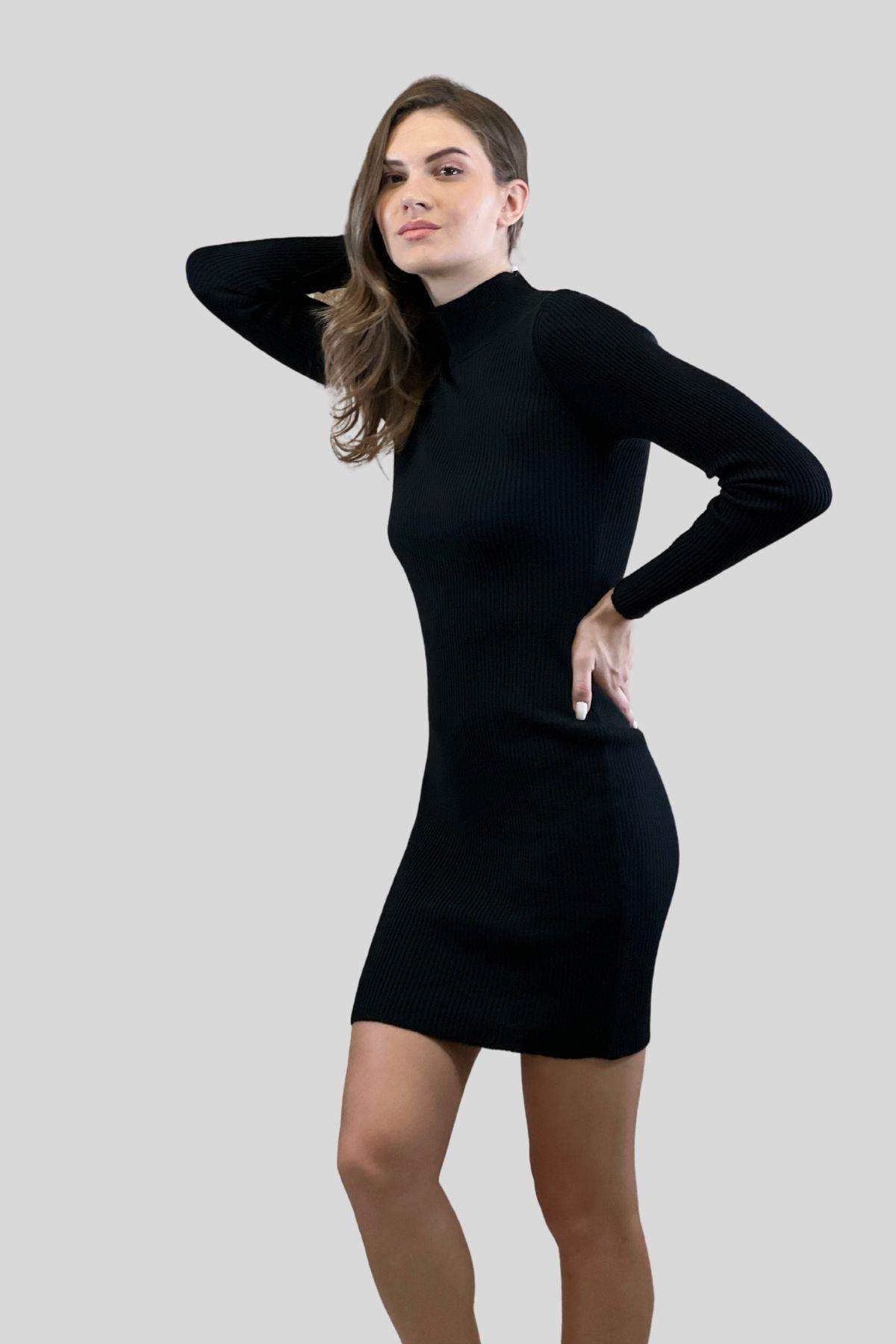 Yarım Balıkçı Yaka Fitilli Basic Kadın Triko Elbise-32899-0