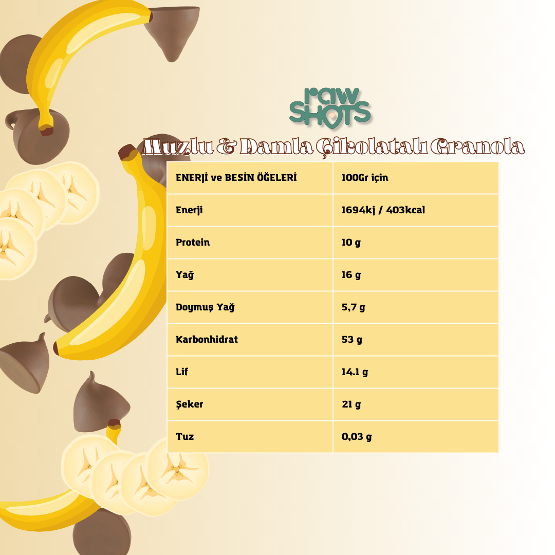 Sağlıklı AtıştırmalıkRawShots Muzlu & Damla Çikolatalı Granola 300g