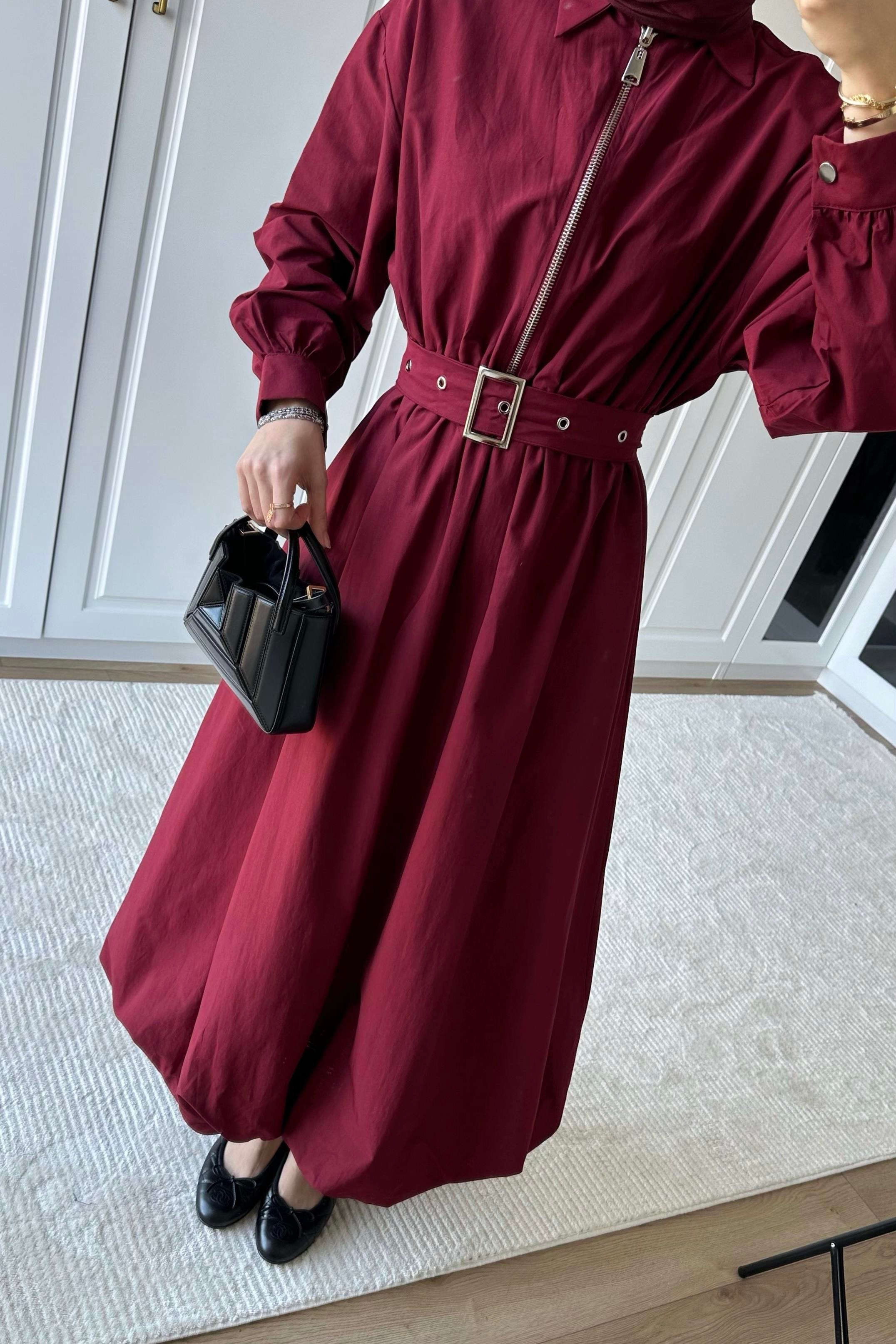 Akali Balon Detay Elbise - BORDO