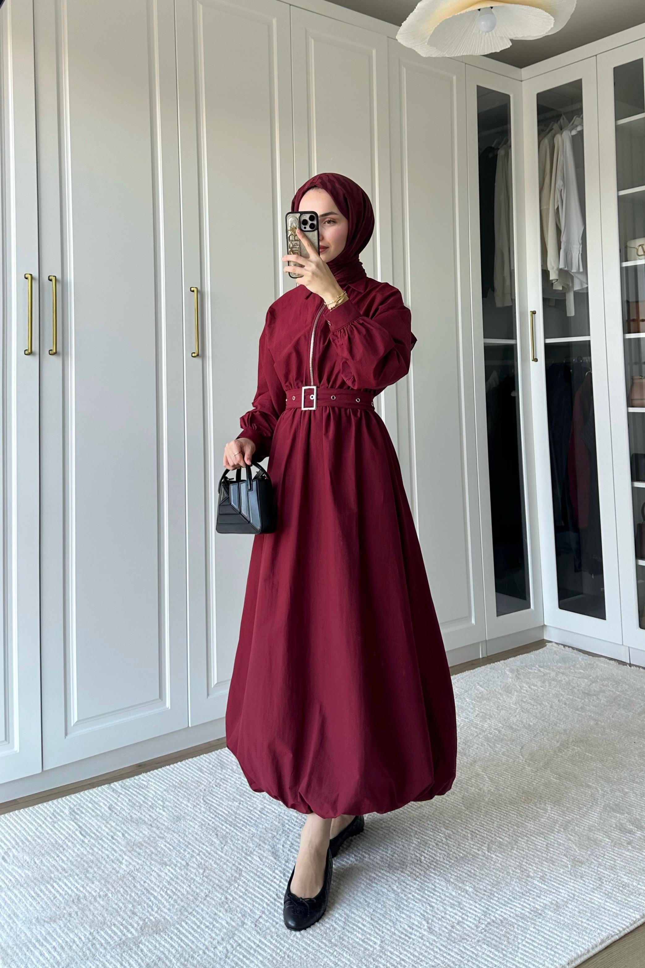 Akali Balon Detay Elbise - BORDO