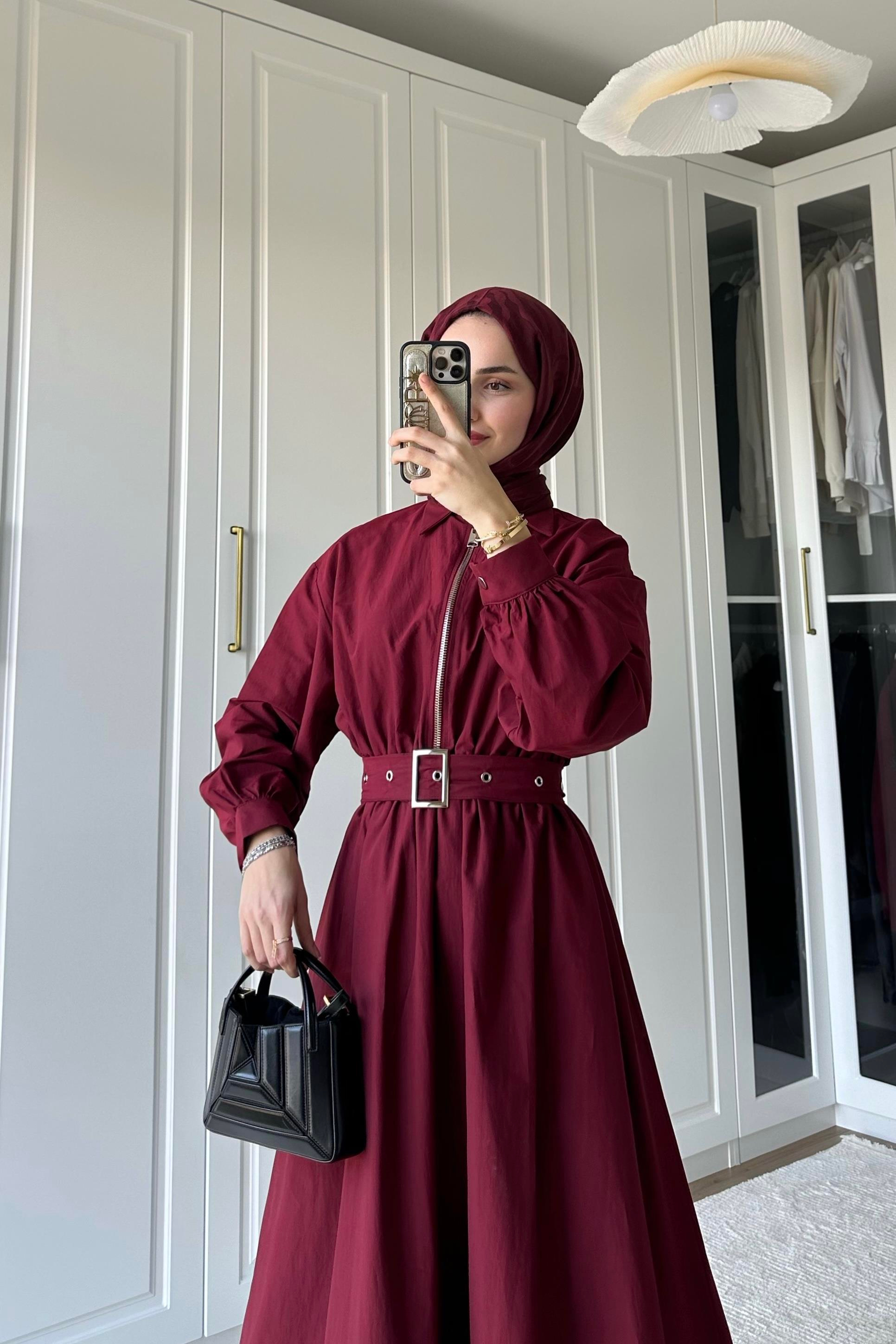 Akali Balon Detay Elbise - BORDO