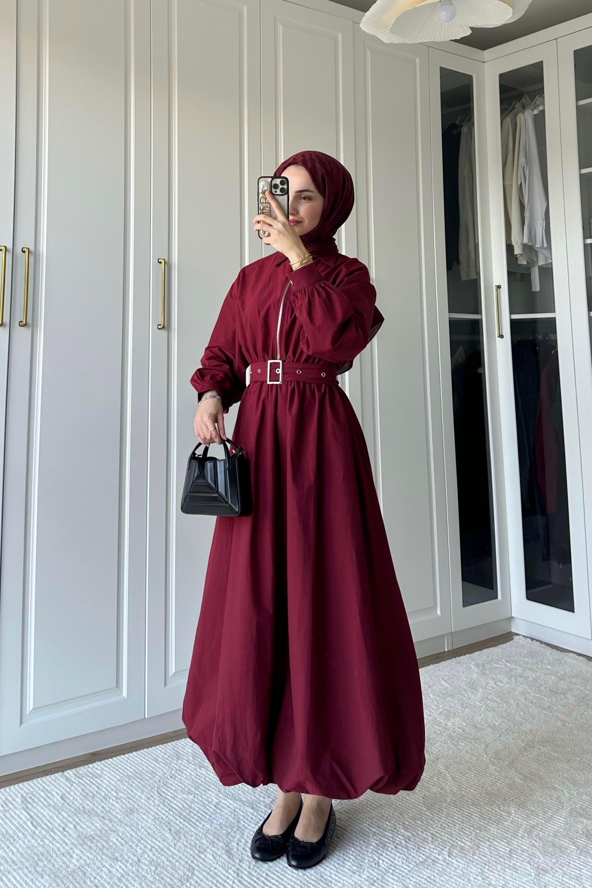 Akali Balon Detay Elbise - BORDO