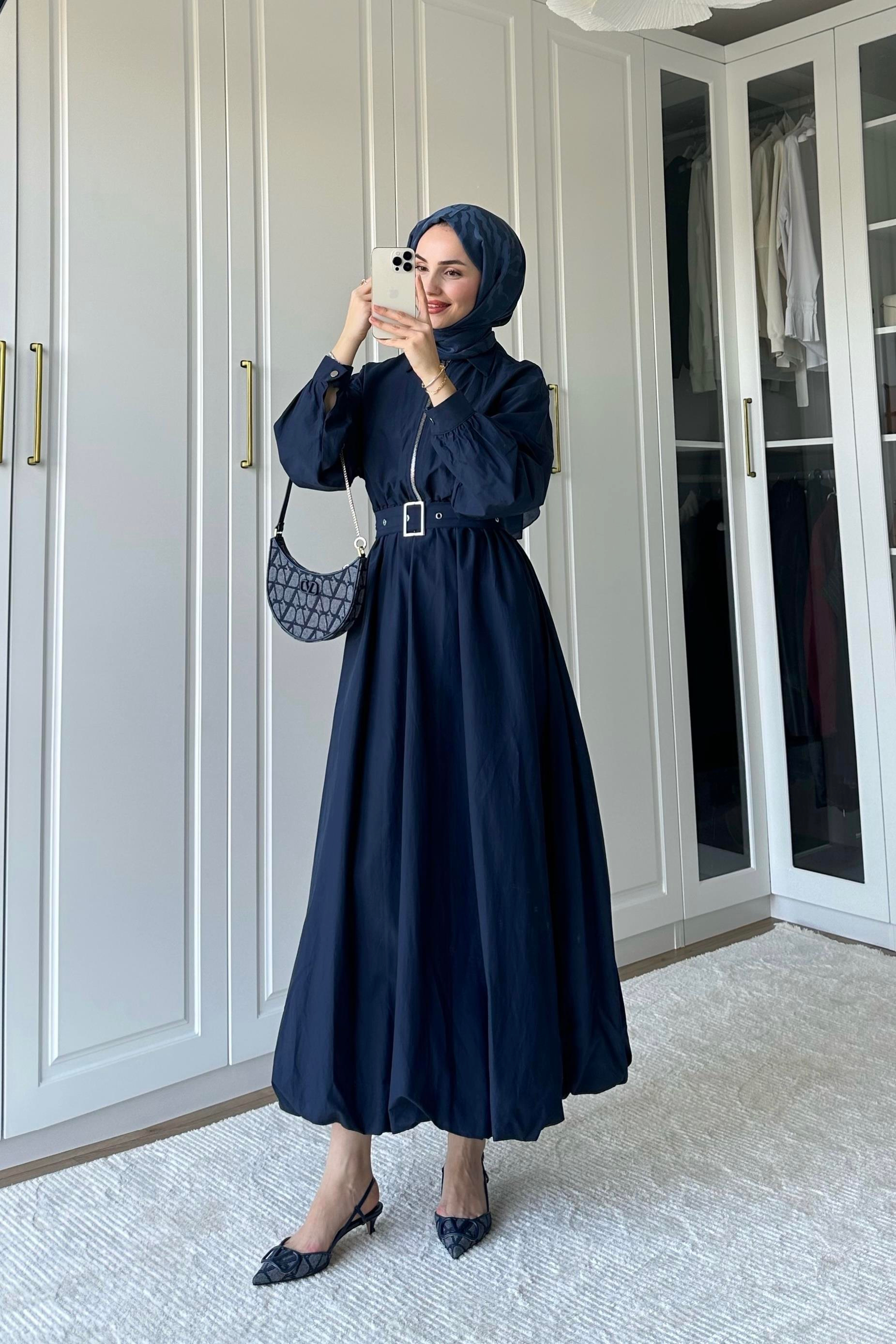 Akali Balon Detay Elbise - LACİVERT