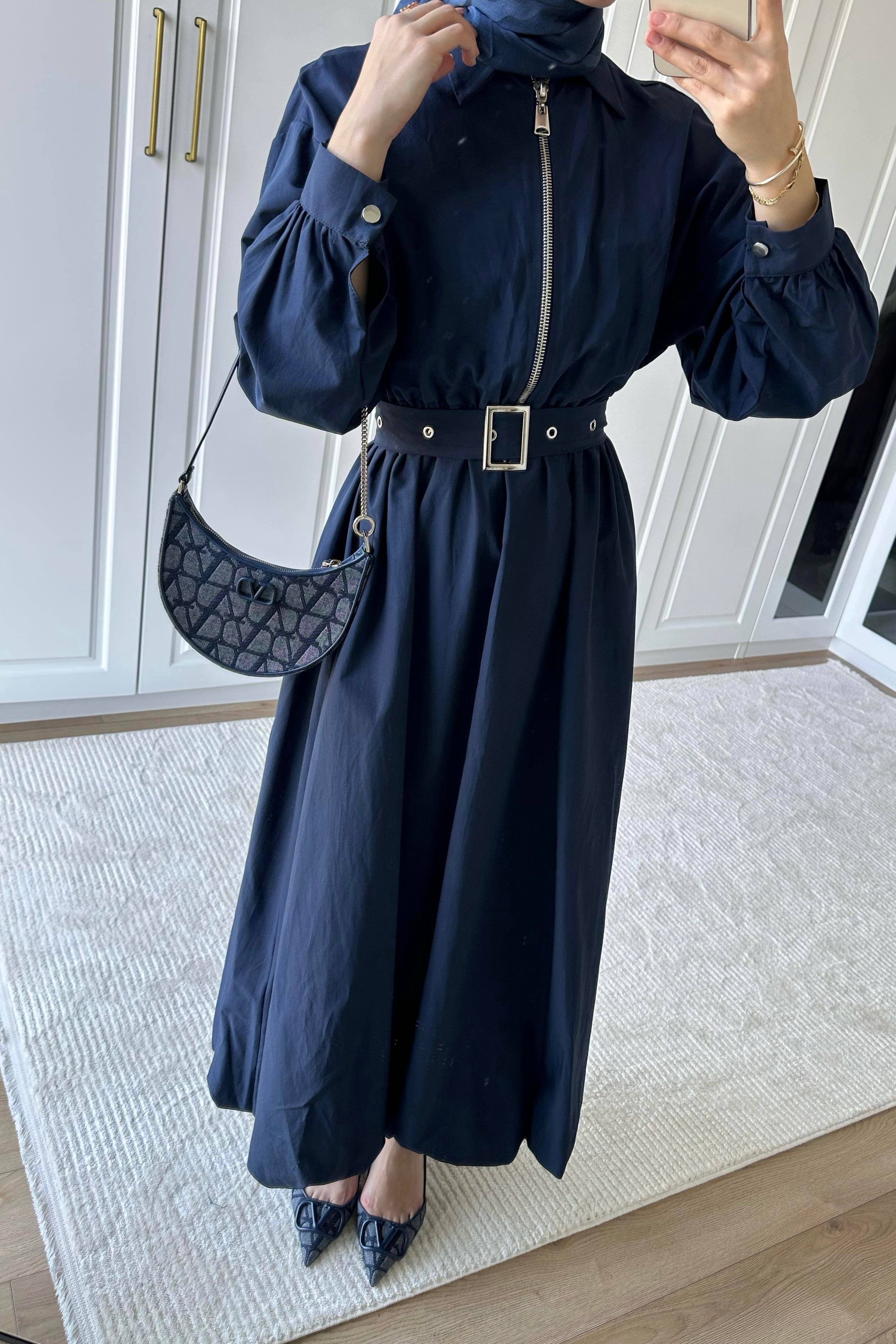 Akali Balon Detay Elbise - LACİVERT