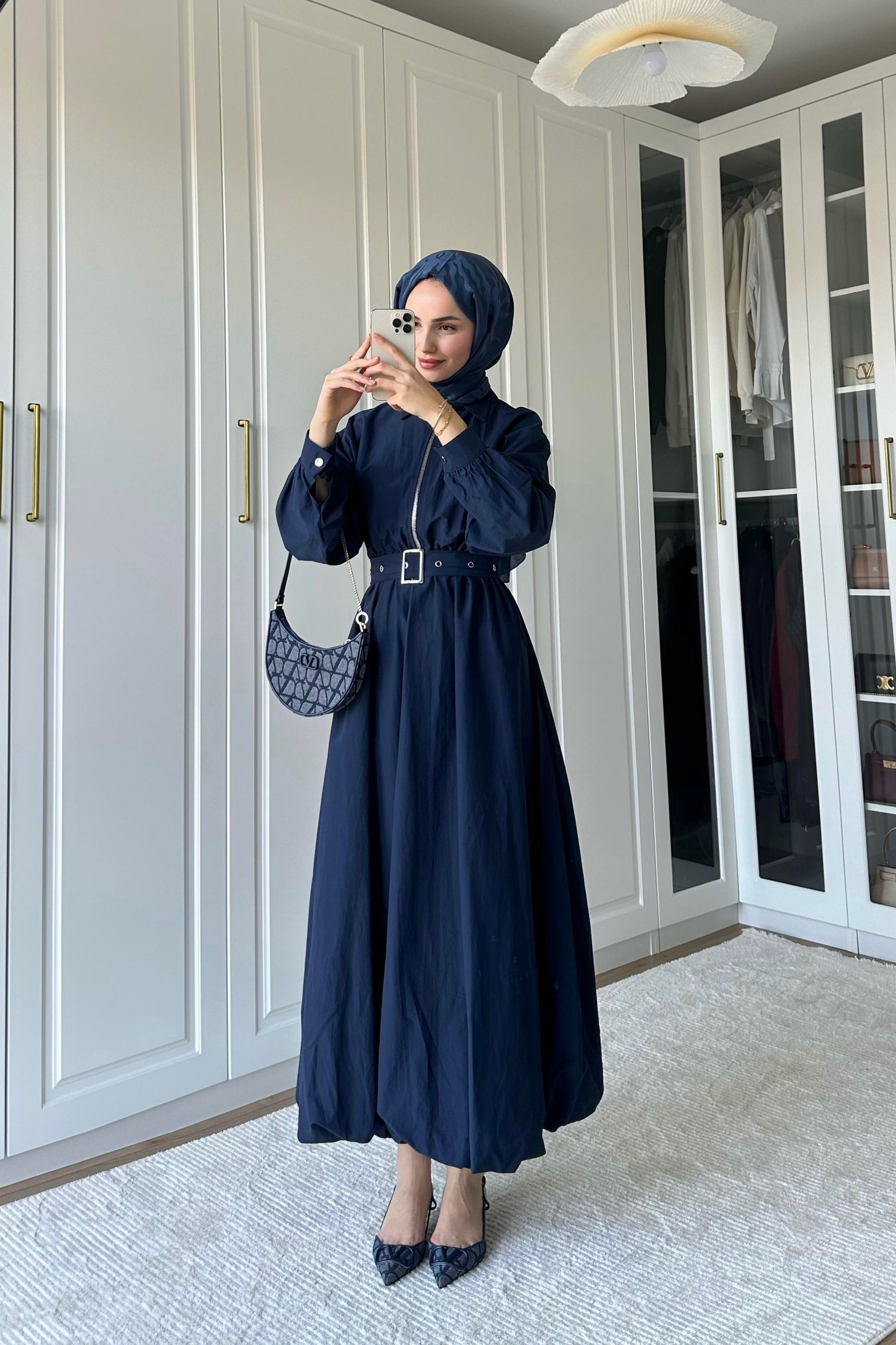 Akali Balon Detay Elbise - LACİVERT