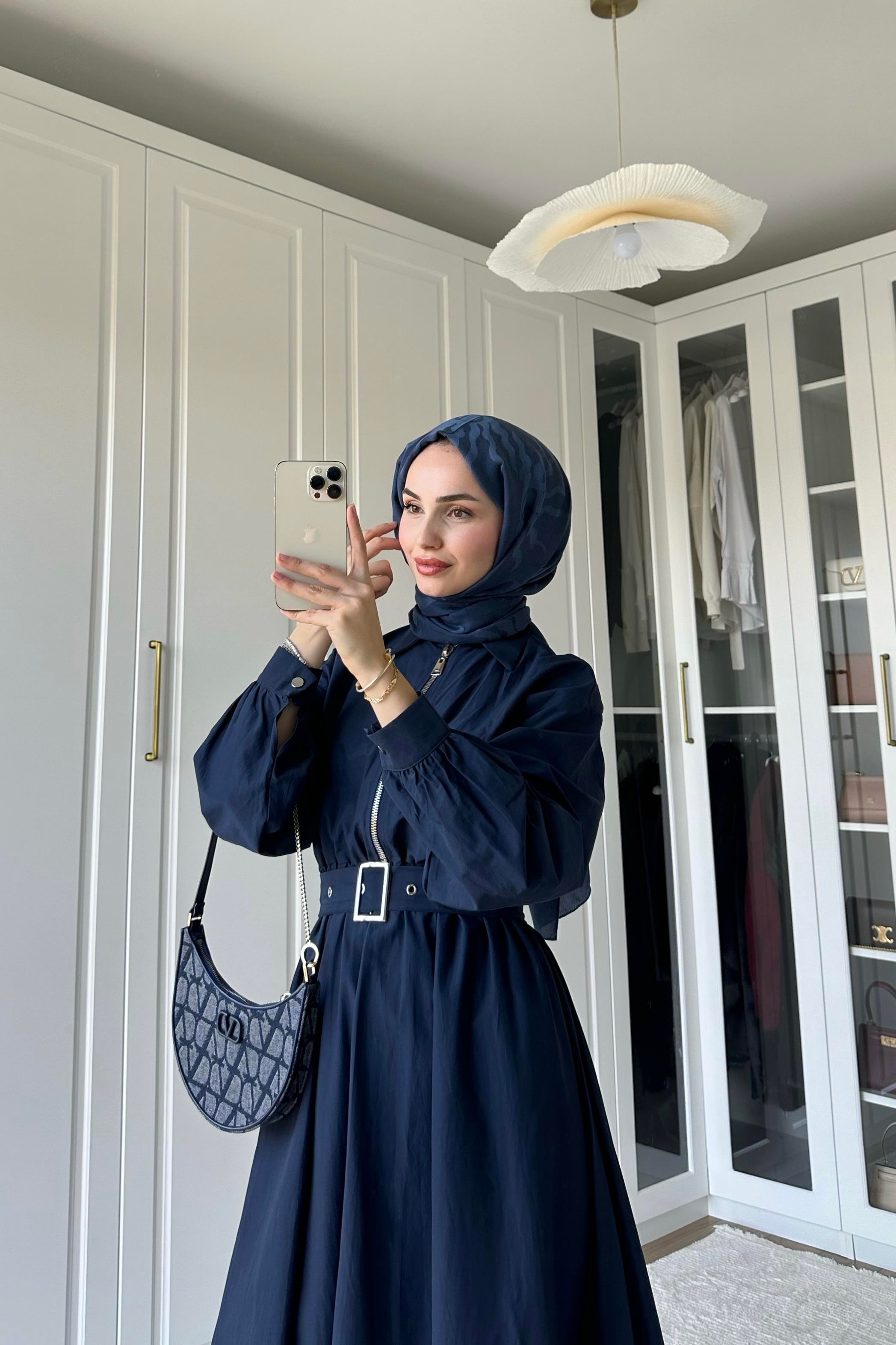 Akali Balon Detay Elbise - LACİVERT