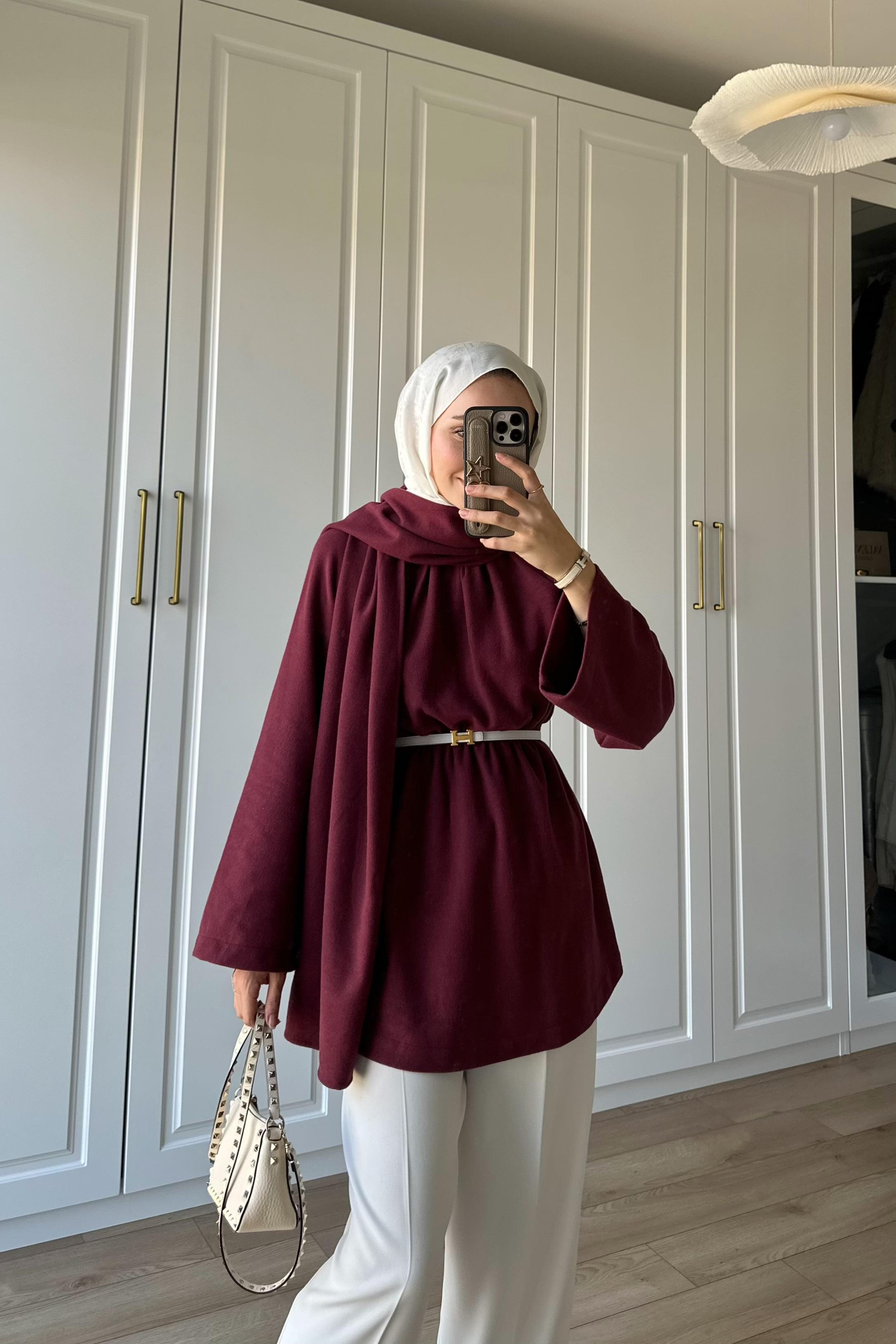 Atkı Detay Beli Büzgülü Tunik - BORDO