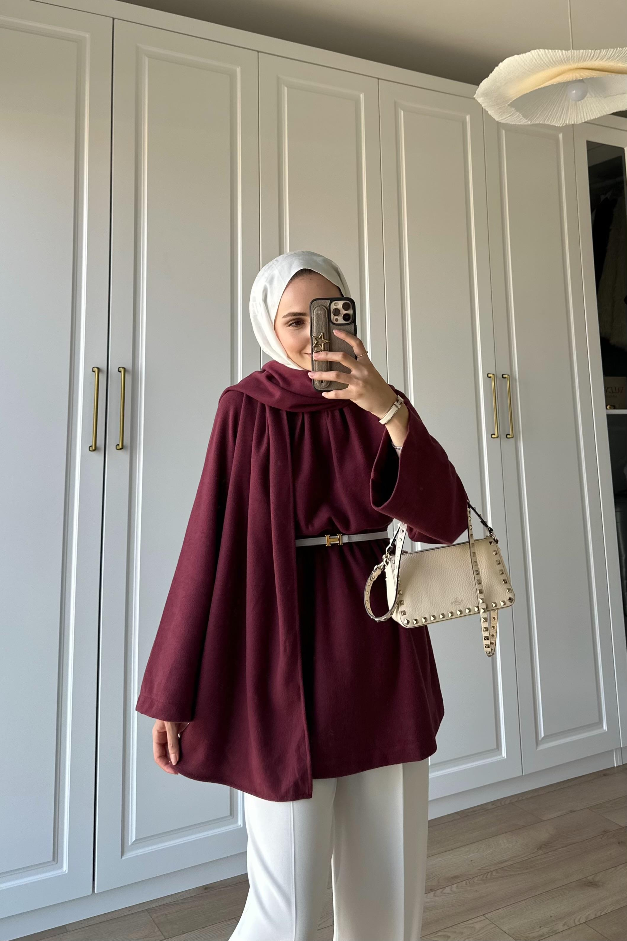 Atkı Detay Beli Büzgülü Tunik - BORDO