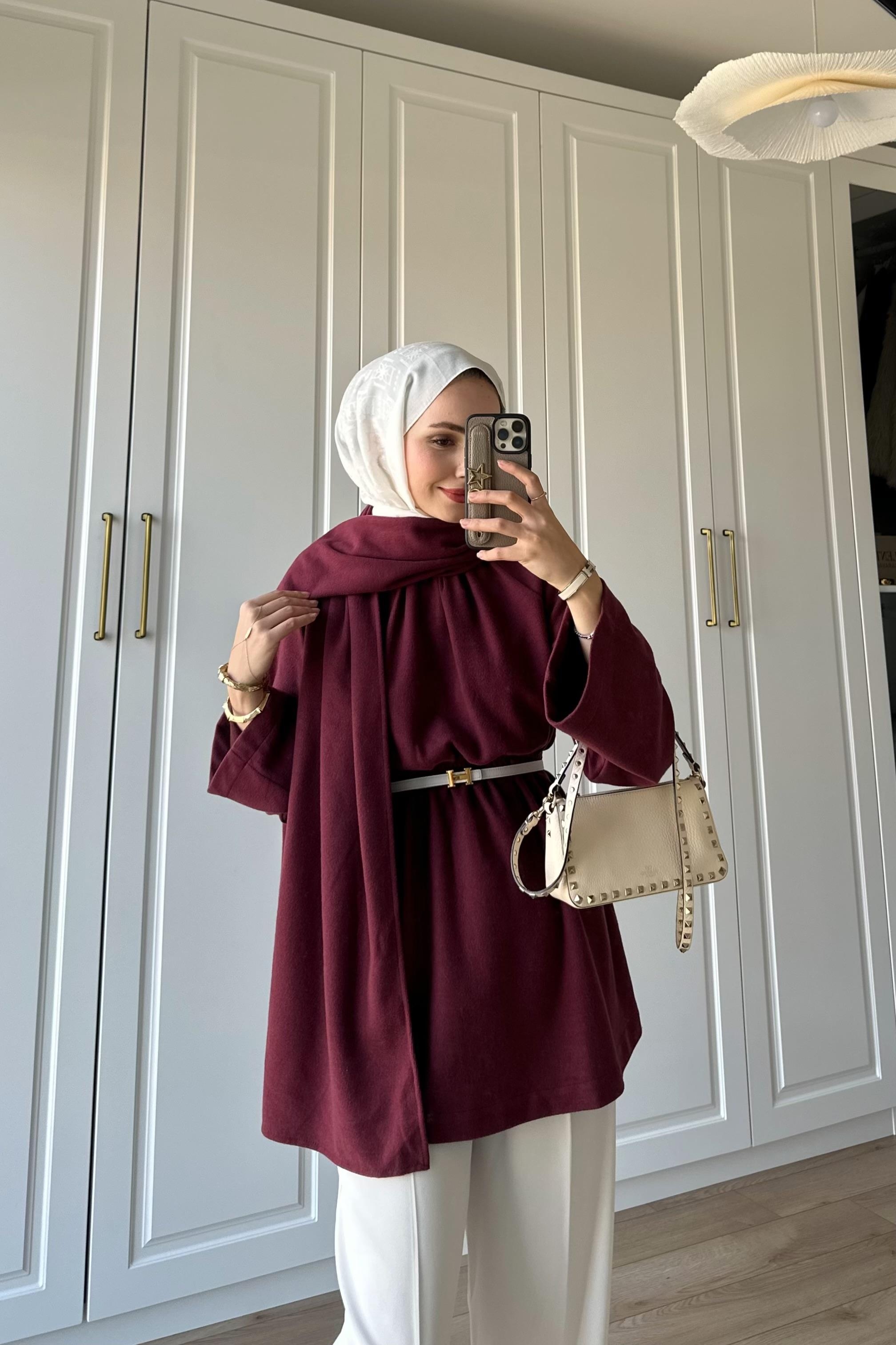 Atkı Detay Beli Büzgülü Tunik - BORDO