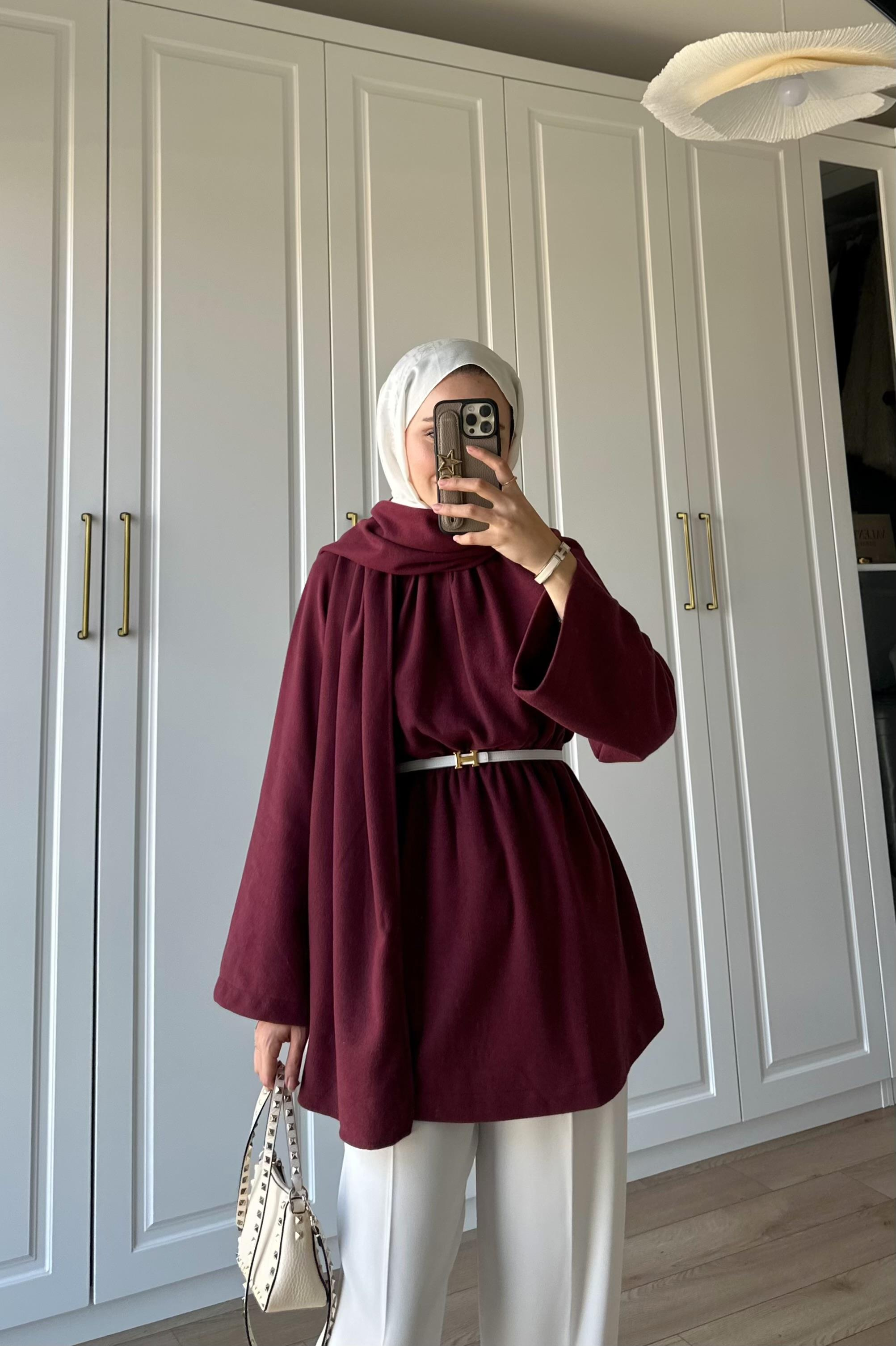 Atkı Detay Beli Büzgülü Tunik - BORDO