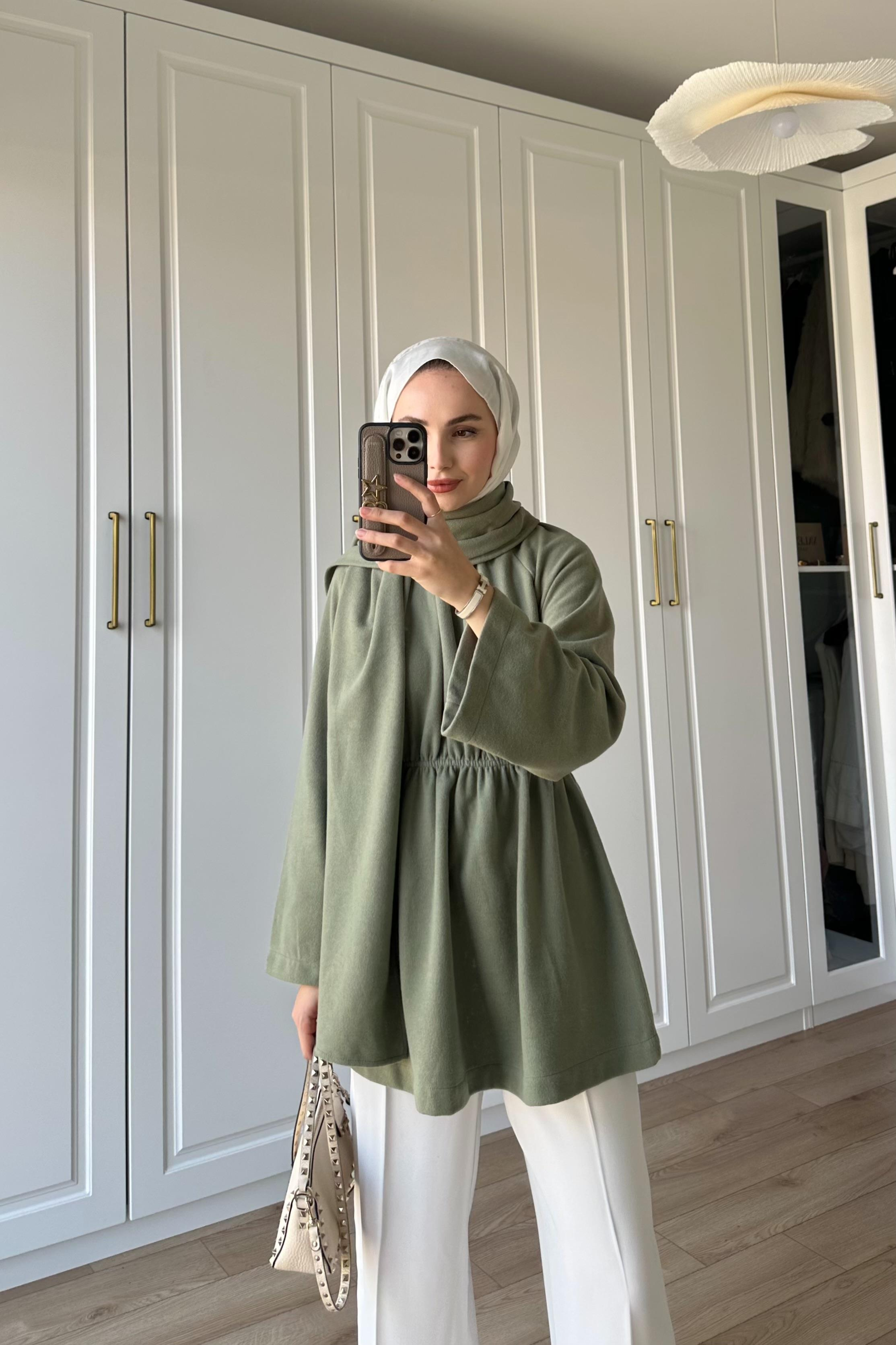 Atkı Detay Beli Büzgülü Tunik - HAKİ