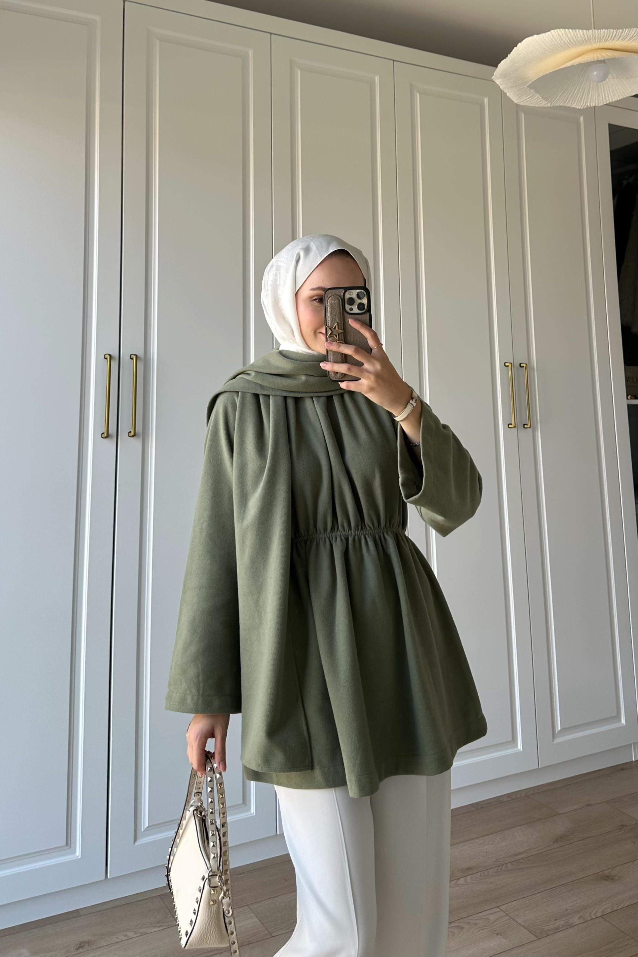 Atkı Detay Beli Büzgülü Tunik - HAKİ