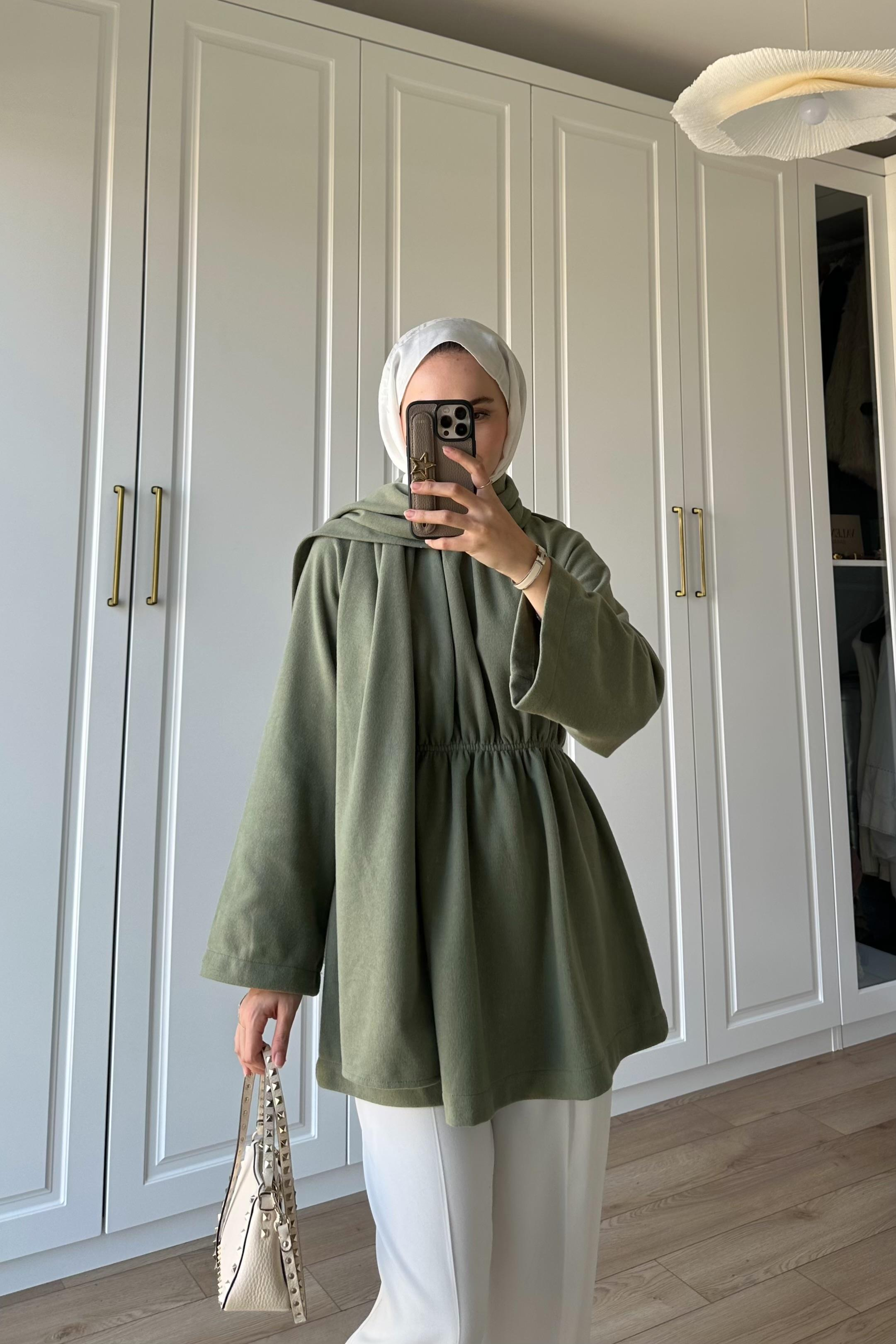 Atkı Detay Beli Büzgülü Tunik - HAKİ