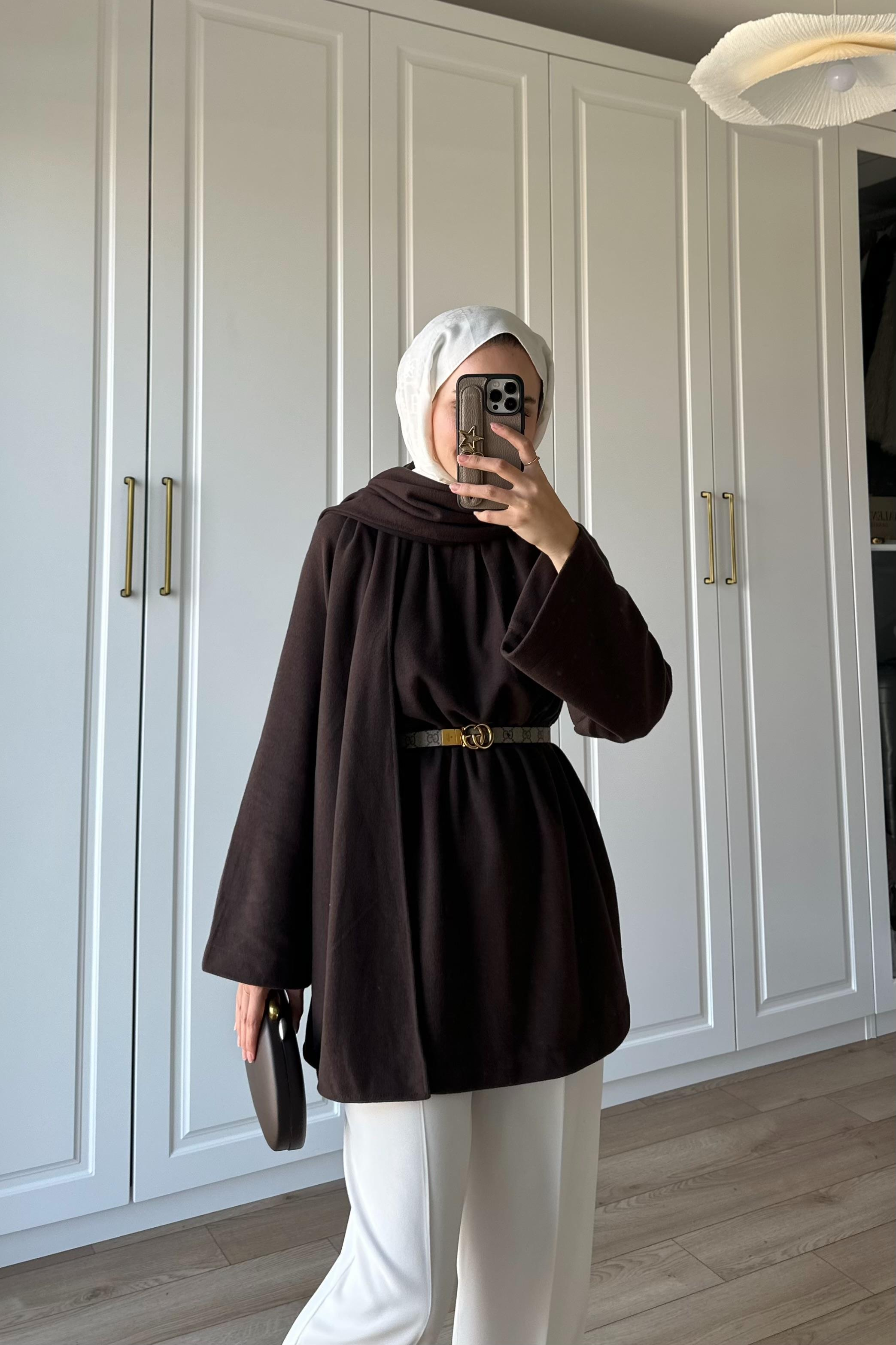 Atkı Detay Beli Büzgülü Tunik - KAHVE