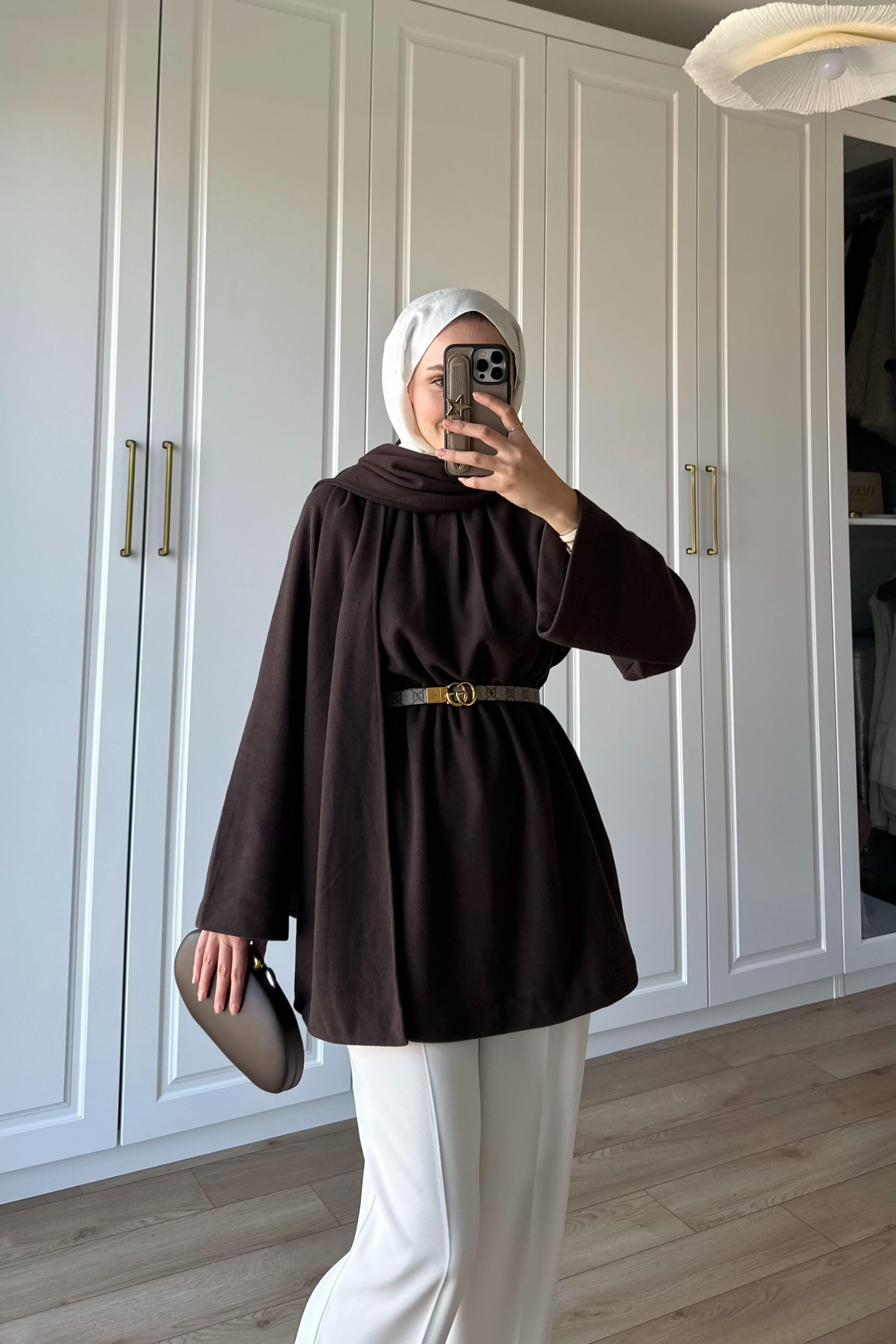 Atkı Detay Beli Büzgülü Tunik - KAHVE