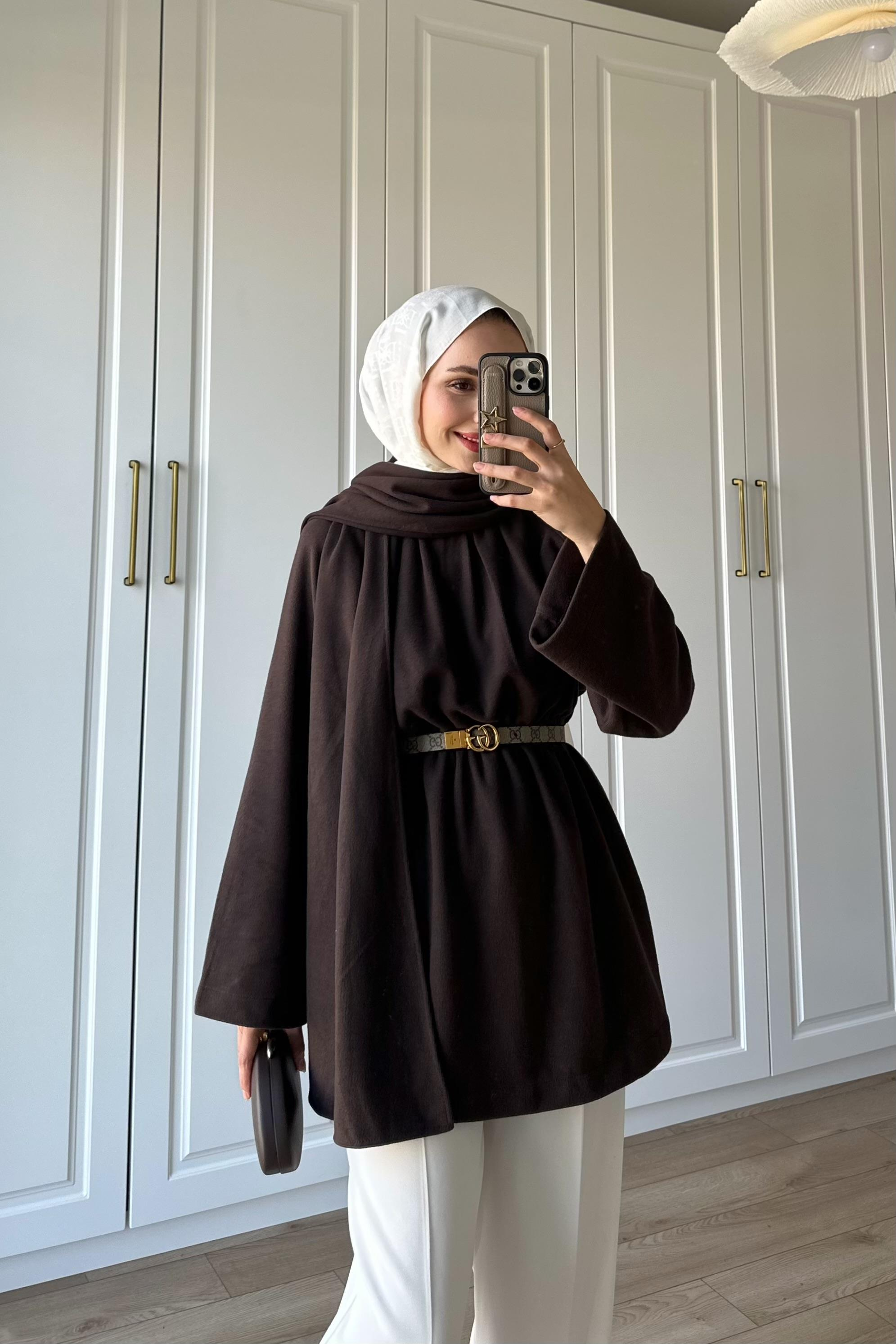 Atkı Detay Beli Büzgülü Tunik - KAHVE