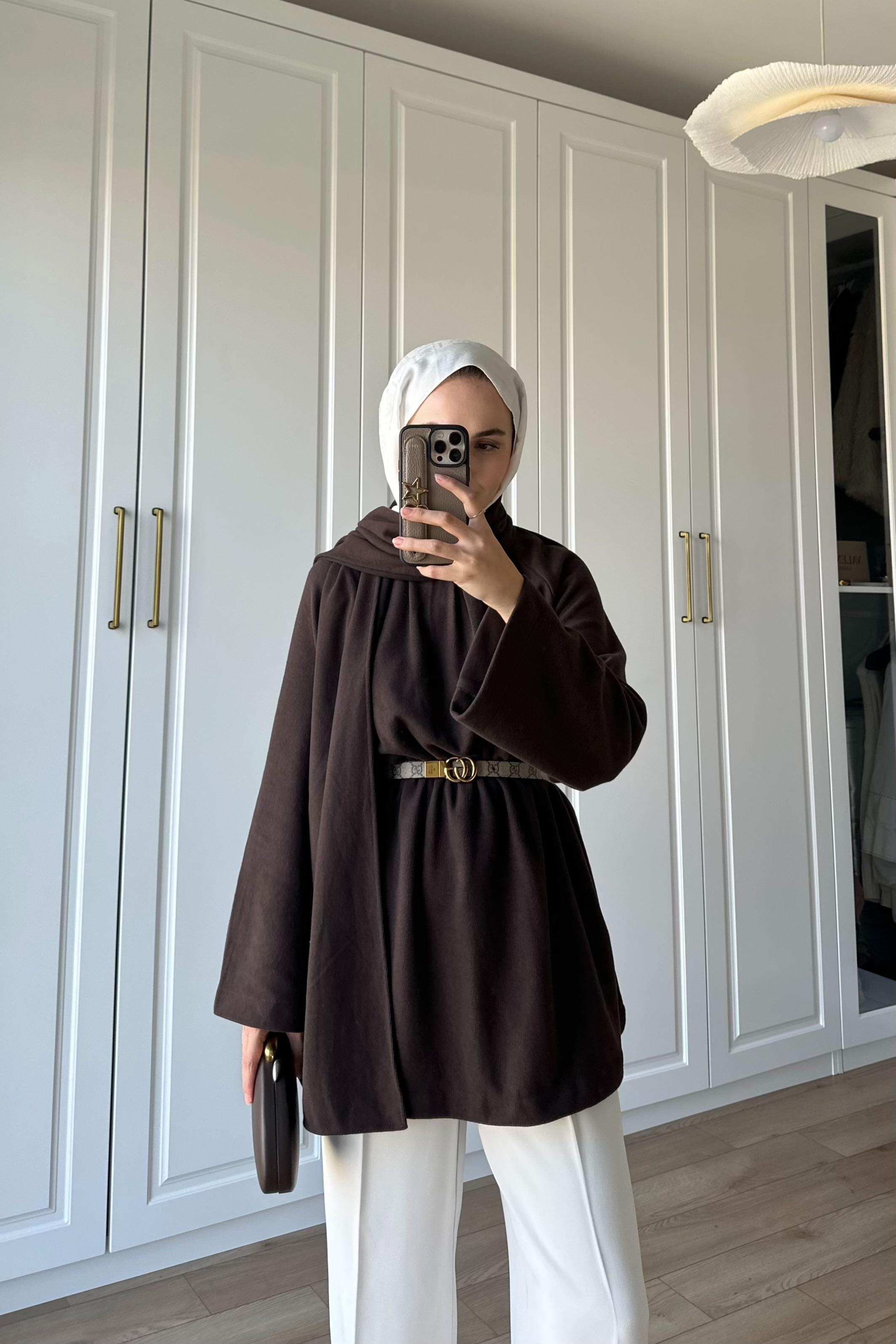 Atkı Detay Beli Büzgülü Tunik - KAHVE