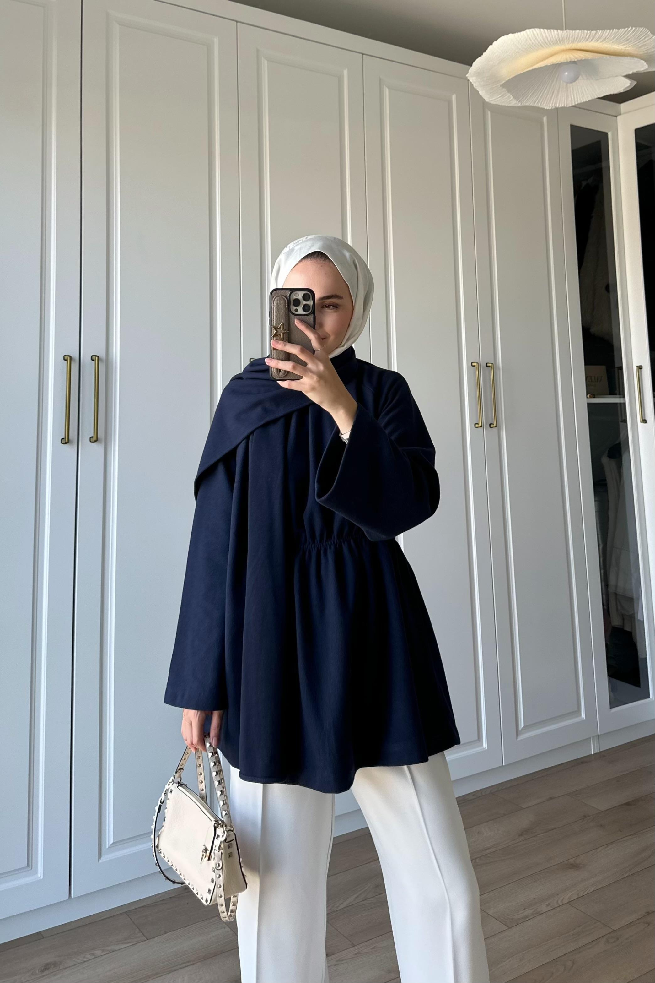 Atkı Detay Beli Büzgülü Tunik - LACİVERT