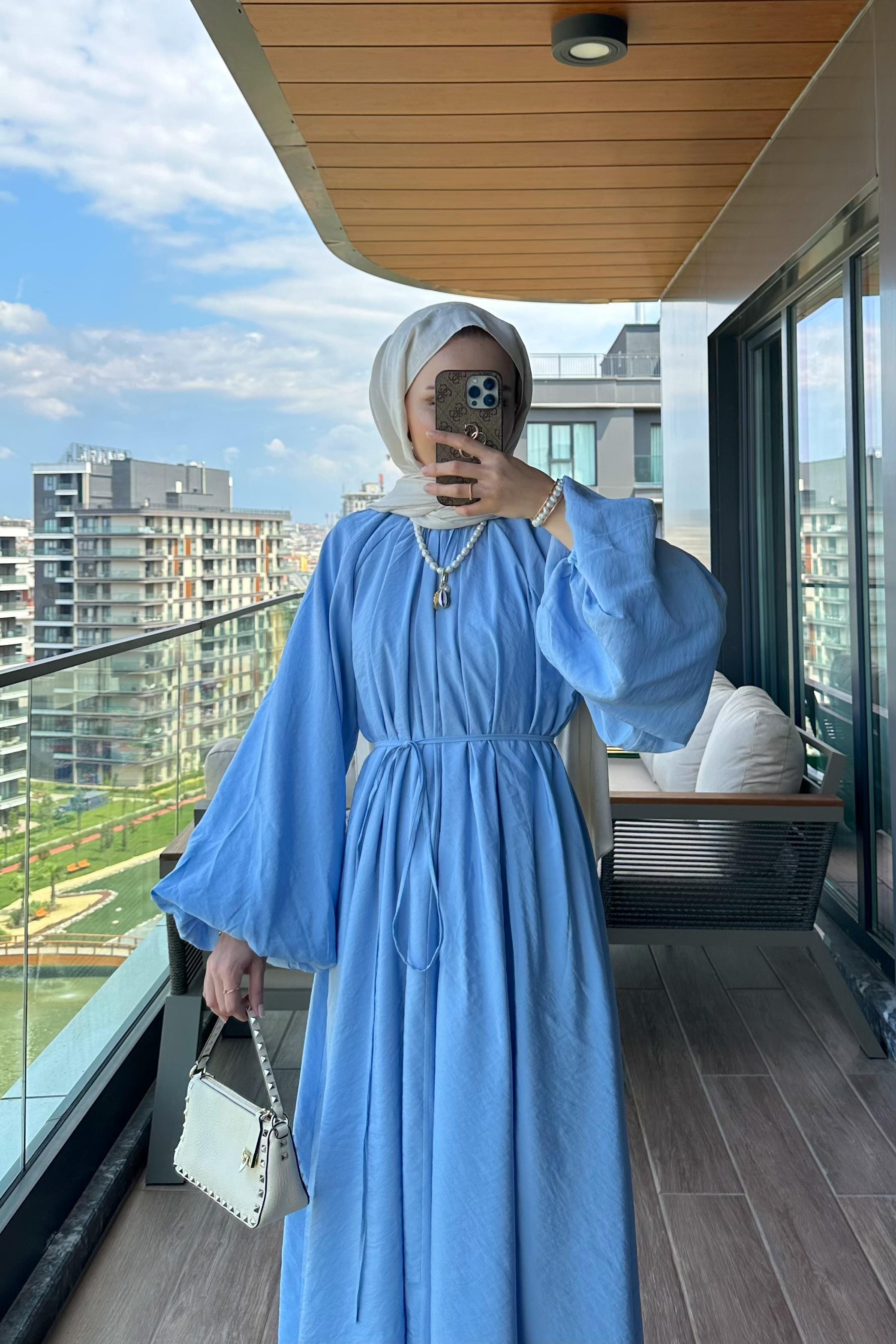 Belina Balon Kol Elbise - MAVİ