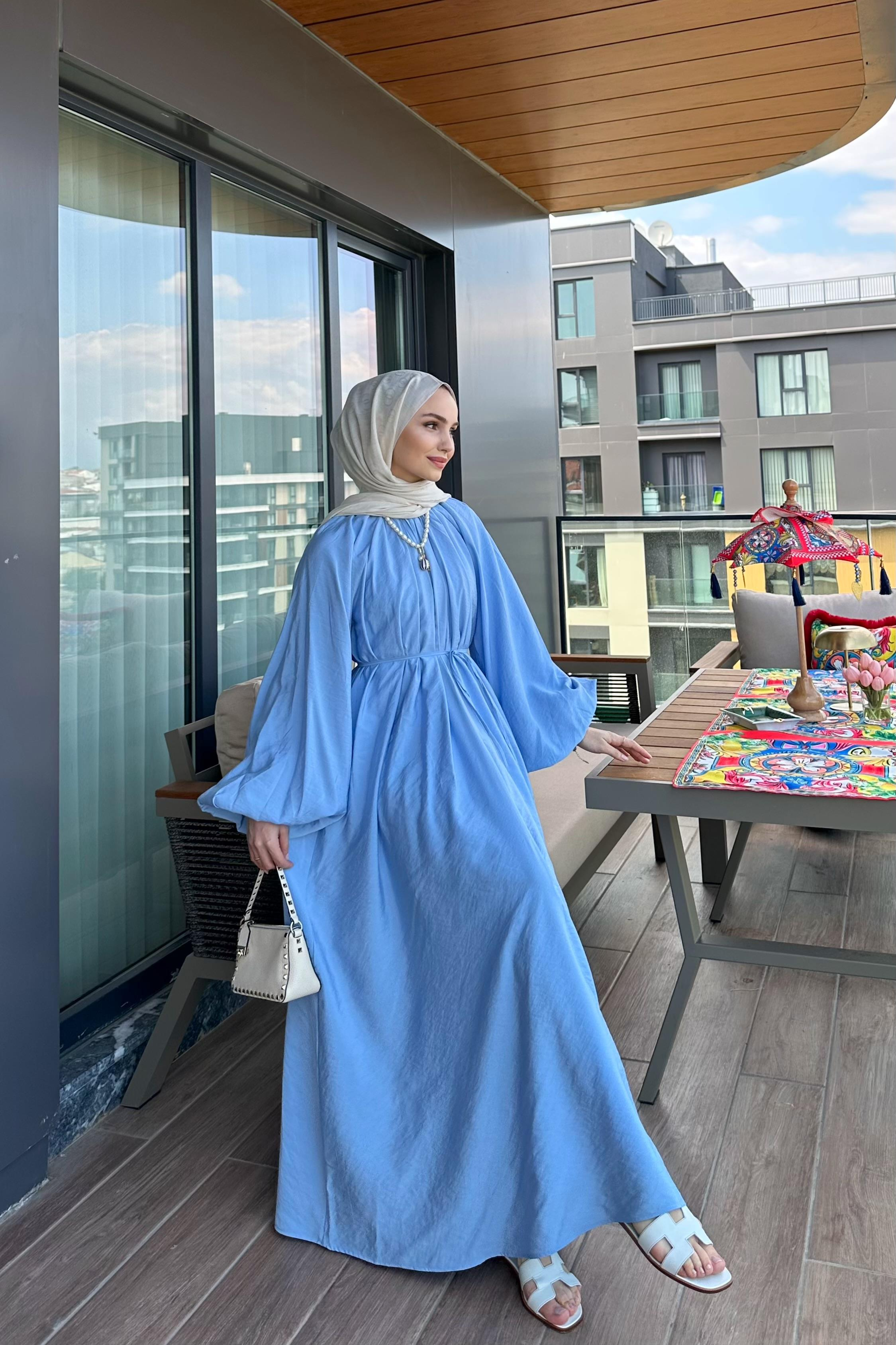 Belina Balon Kol Elbise - MAVİ