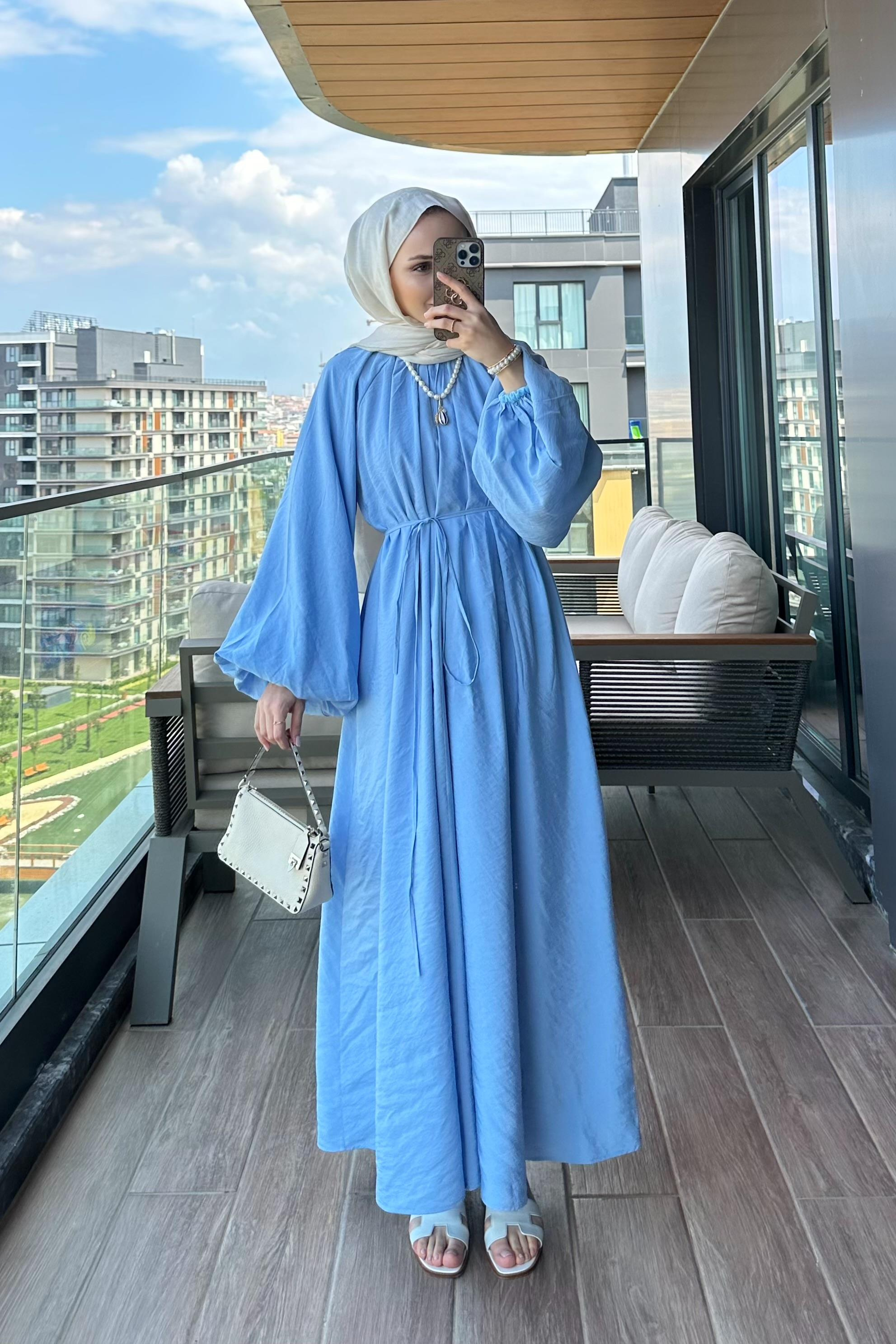 Belina Balon Kol Elbise - MAVİ