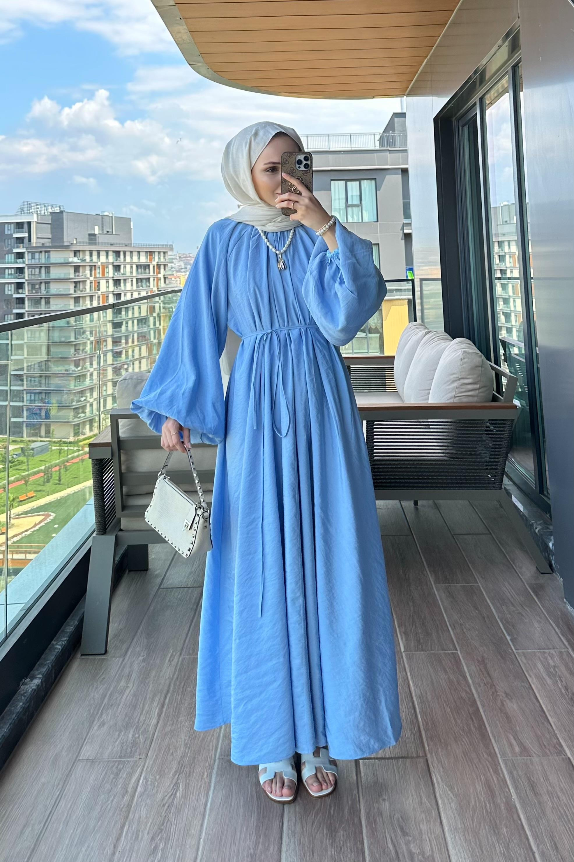 Belina Balon Kol Elbise - MAVİ